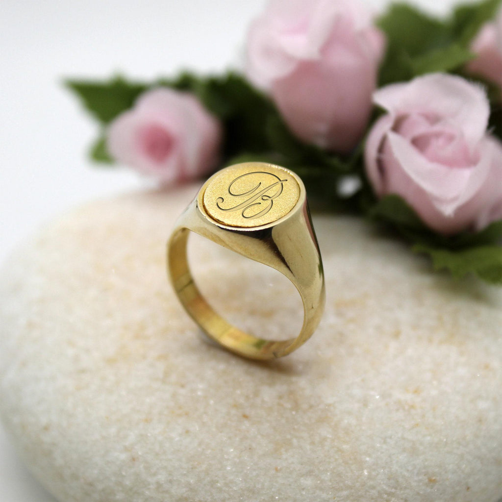 Sterling Silver Signet Ring | Custom Initial Engraved Oval Chevalier, front view