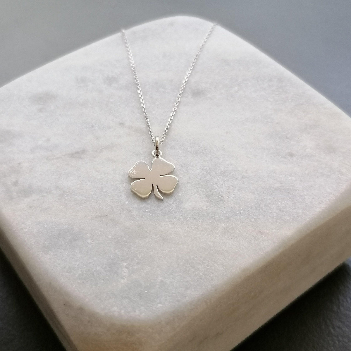Four Leaf Clover Necklace | Minimalist Luck Talisman, close-up detail