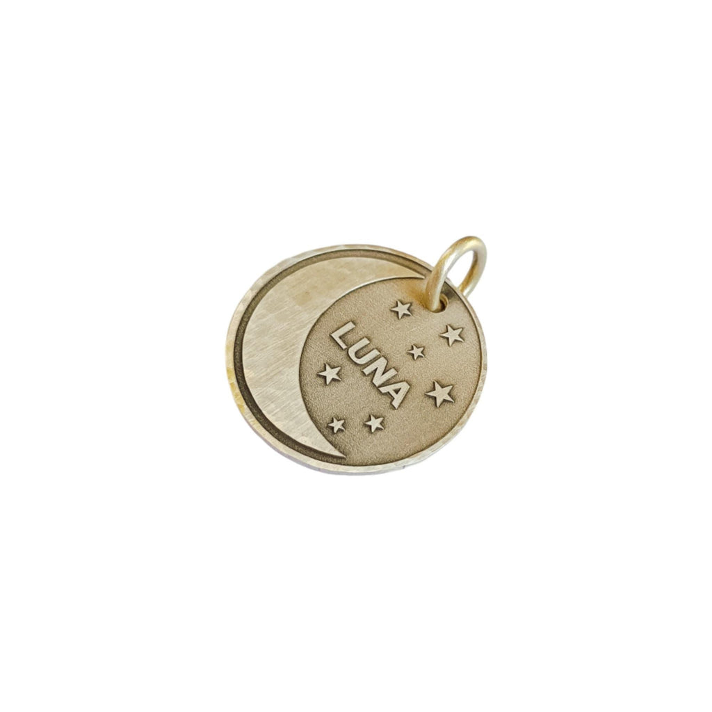 The Inscribed Lunar Token | Artisan Celestial Pet ID & Custom Engraved Moon Dog Tag, front view