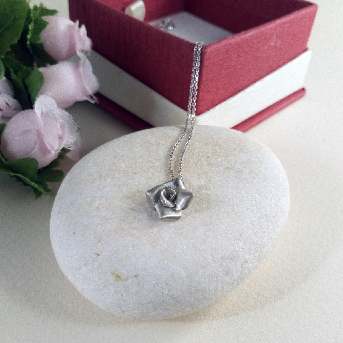 Rose Necklace Pendant | 3D Sculpted Silver Flower | Dainty Botanical Jewelry, front view