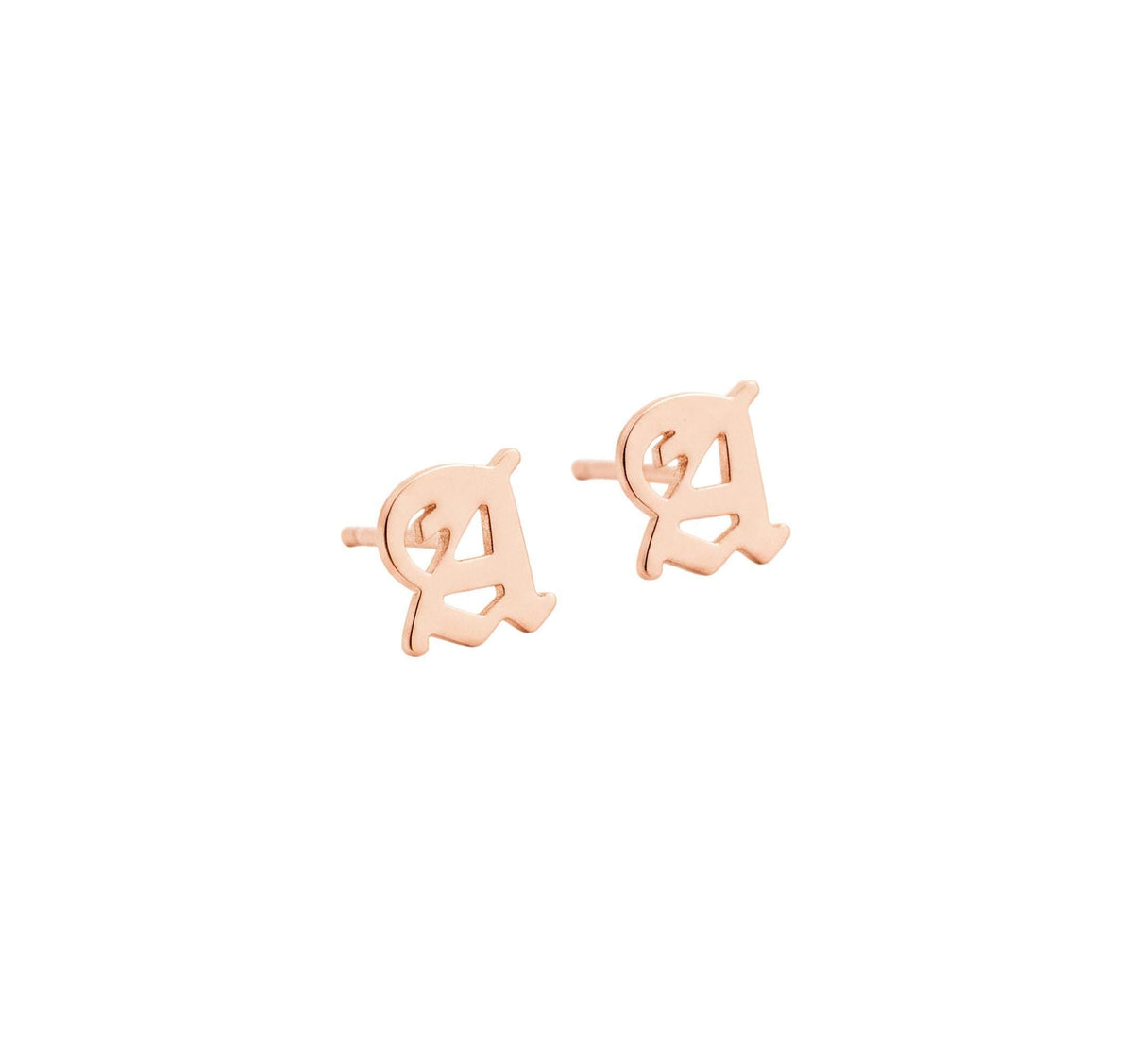 Initial Stud Earrings | Old English Lettering, close-up detail