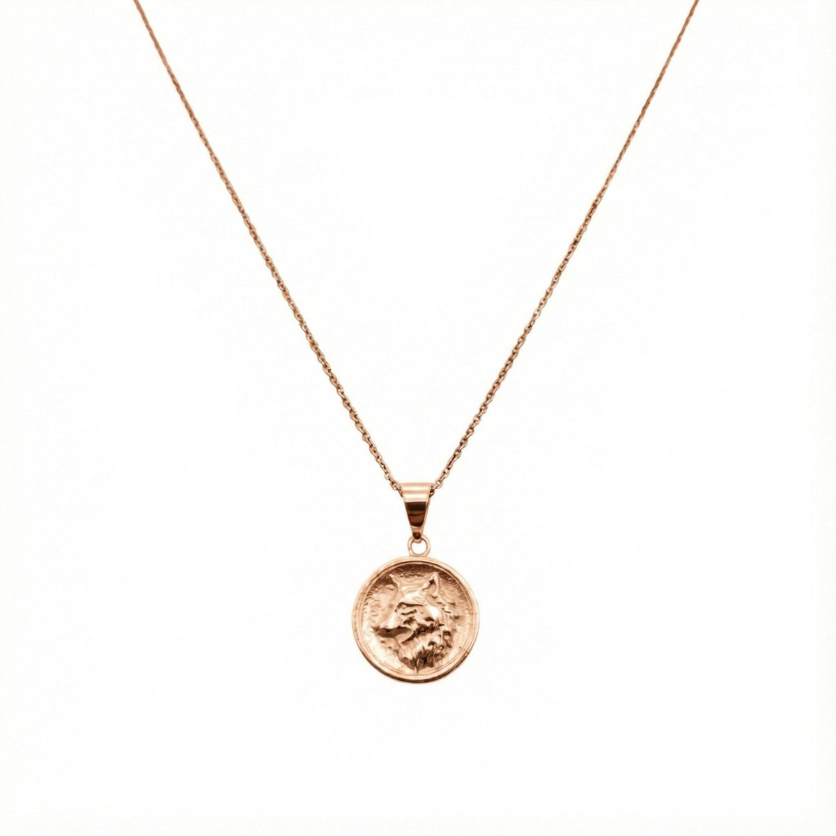 Nordic Wolf Charm Necklace | Sterling Silver Spirit Animal Medallion | Custom Engraved Wolf Pendant, in Rose Gold Plated finish
