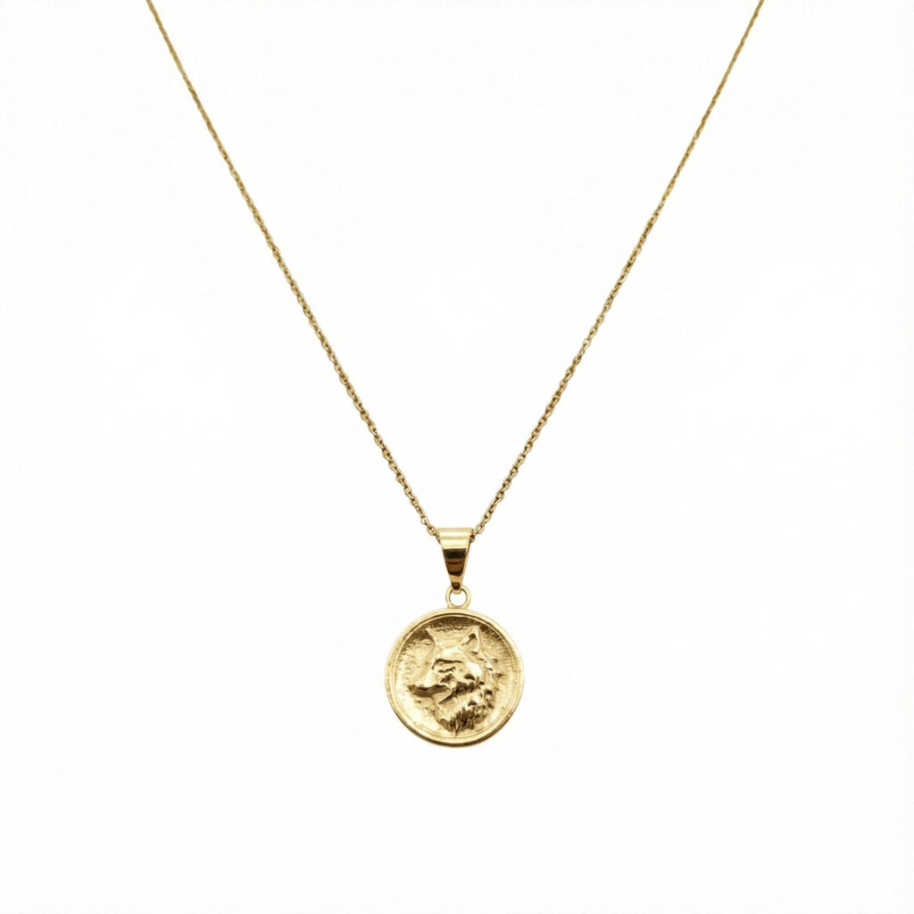 Nordic Wolf Charm Necklace | Sterling Silver Spirit Animal Medallion | Custom Engraved Wolf Pendant, in Yellow Gold Plated finish