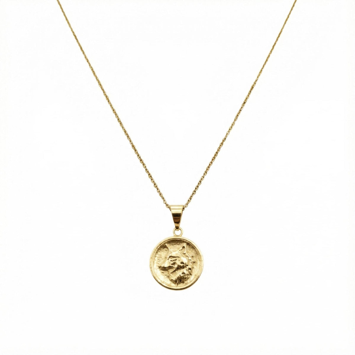 Nordic Wolf Charm Necklace | Sterling Silver Spirit Animal Medallion | Custom Engraved Wolf Pendant, in Yellow Gold Plated finish