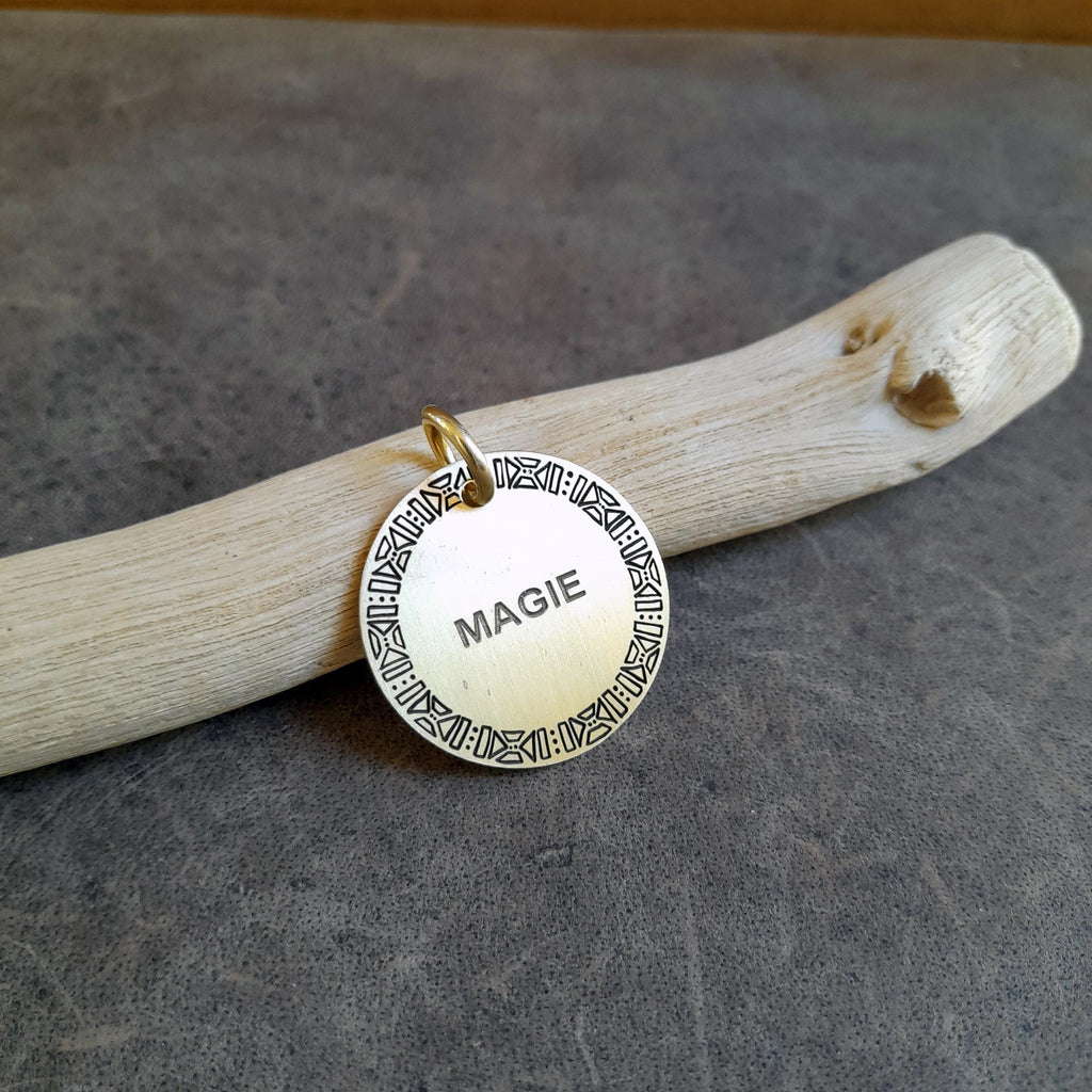 The Heritage Motif Token | Artisan Native Pattern Pet ID & Custom Engraved Dog Tag, alternate angle