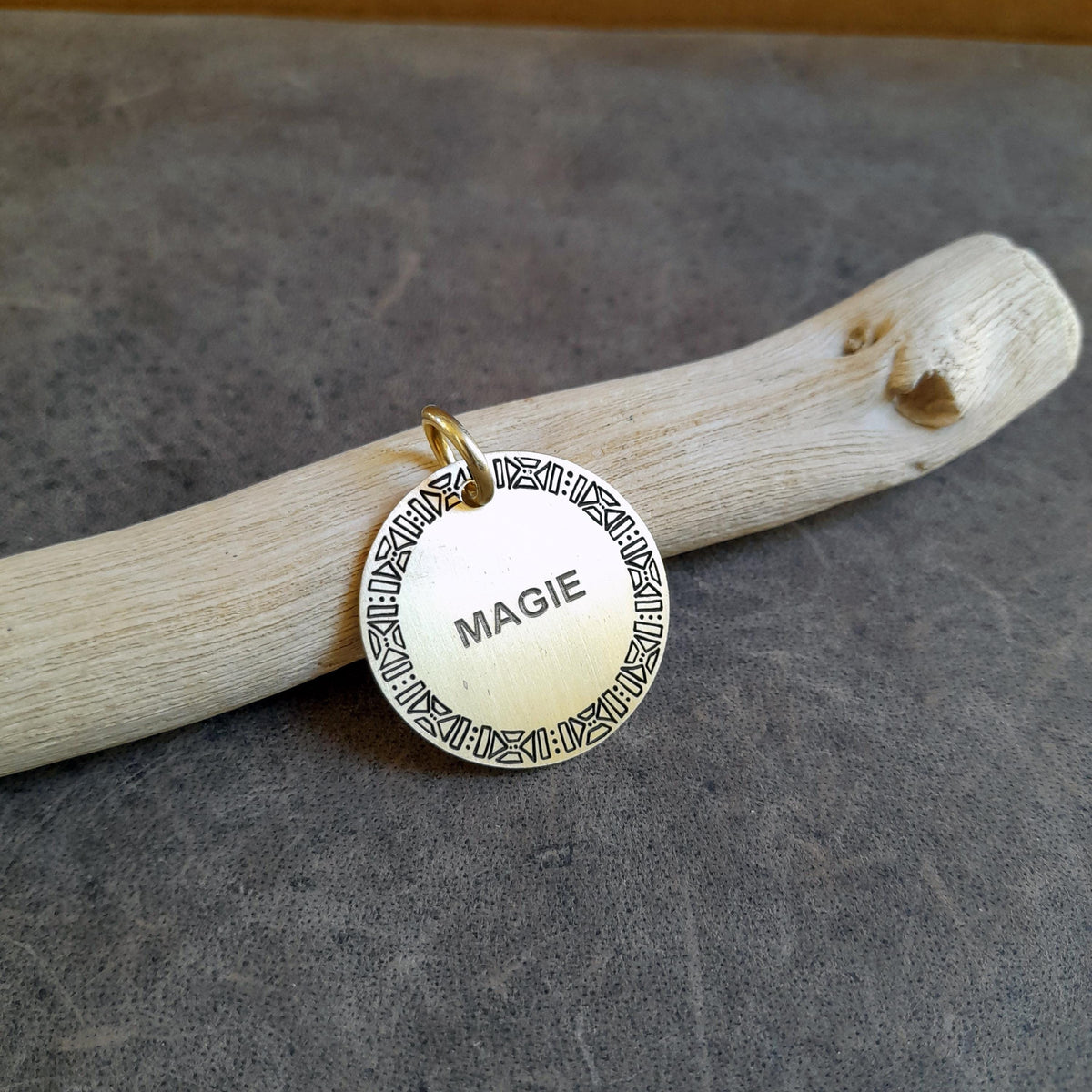 The Heritage Motif Token | Artisan Native Pattern Pet ID & Custom Engraved Dog Tag, alternate angle