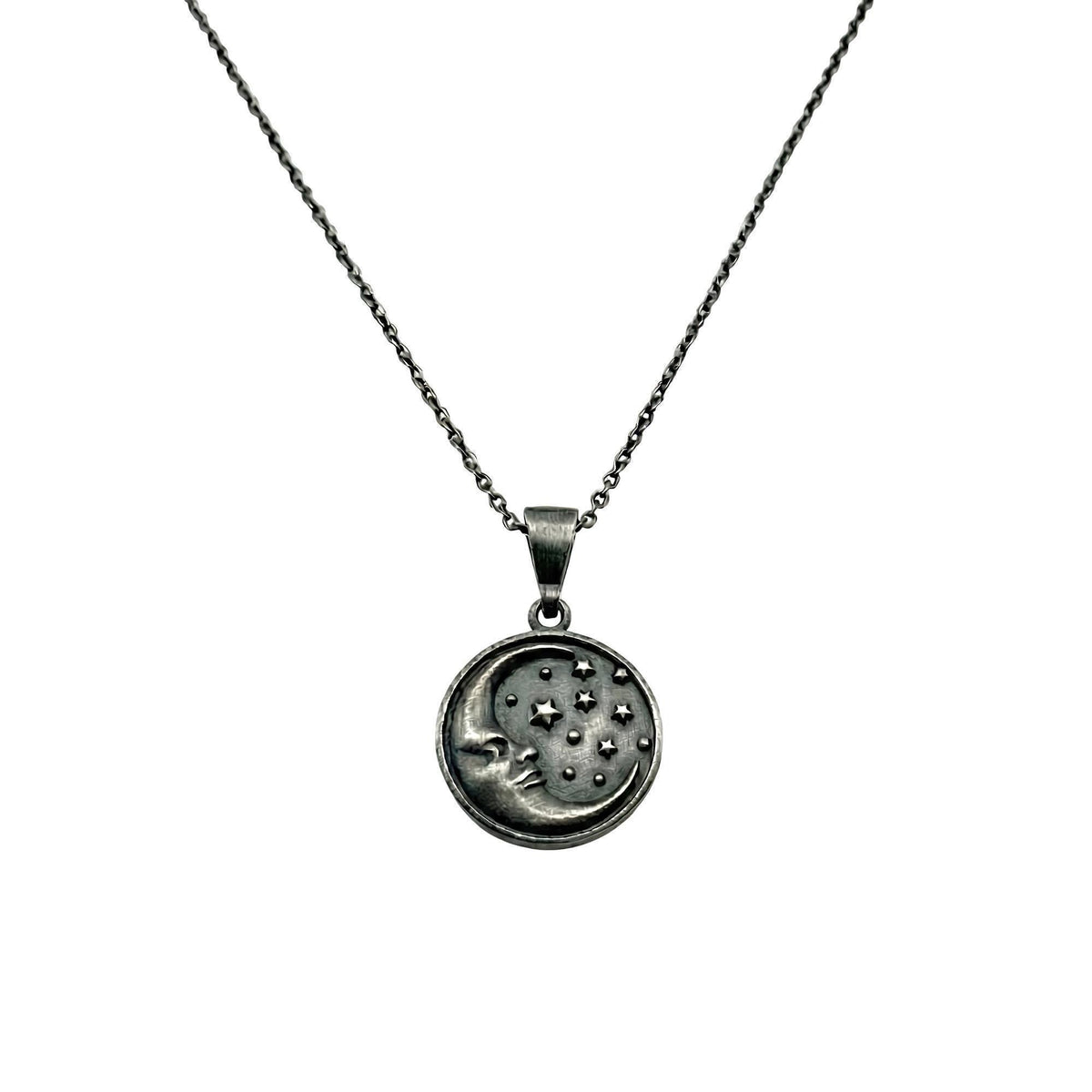 Celestial Medallion Necklace | Moon & Stars Talisman, in Oxidized Silver 925 finish