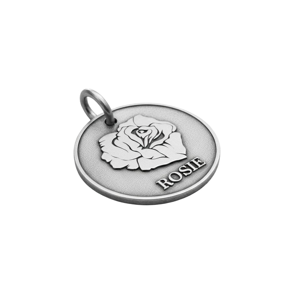 Rose Dog Tag | Personalized Sterling Silver Floral Pet ID Tag | Engraved Flower Dog Charm, styled view