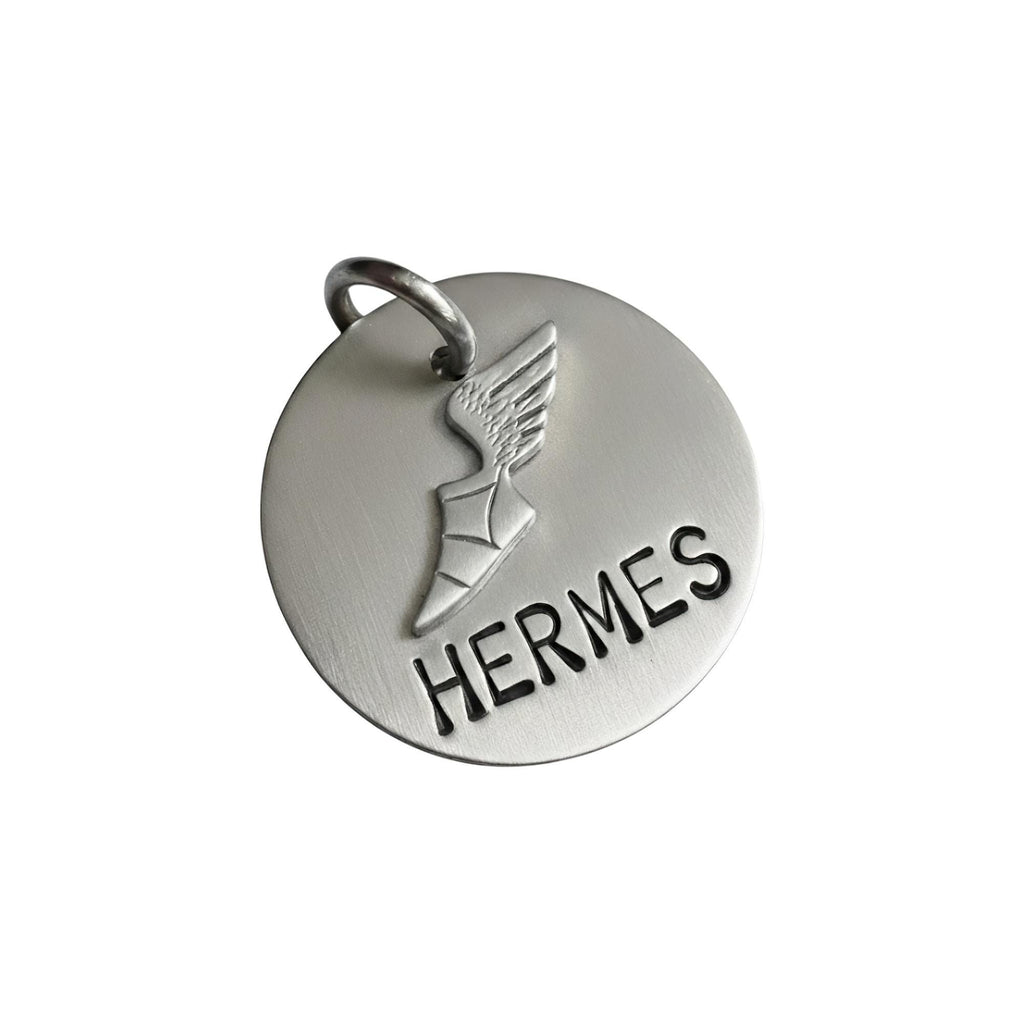 The Divine Messenger Token | Artisan Hermes Winged Sandal Pet ID & Custom Tag, close-up detail
