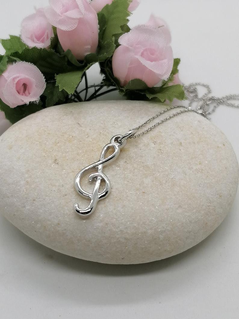 Treble Clef Necklace | Dainty 14K Solid Gold Musical Pendant | Musician & Teacher Gift, styled view