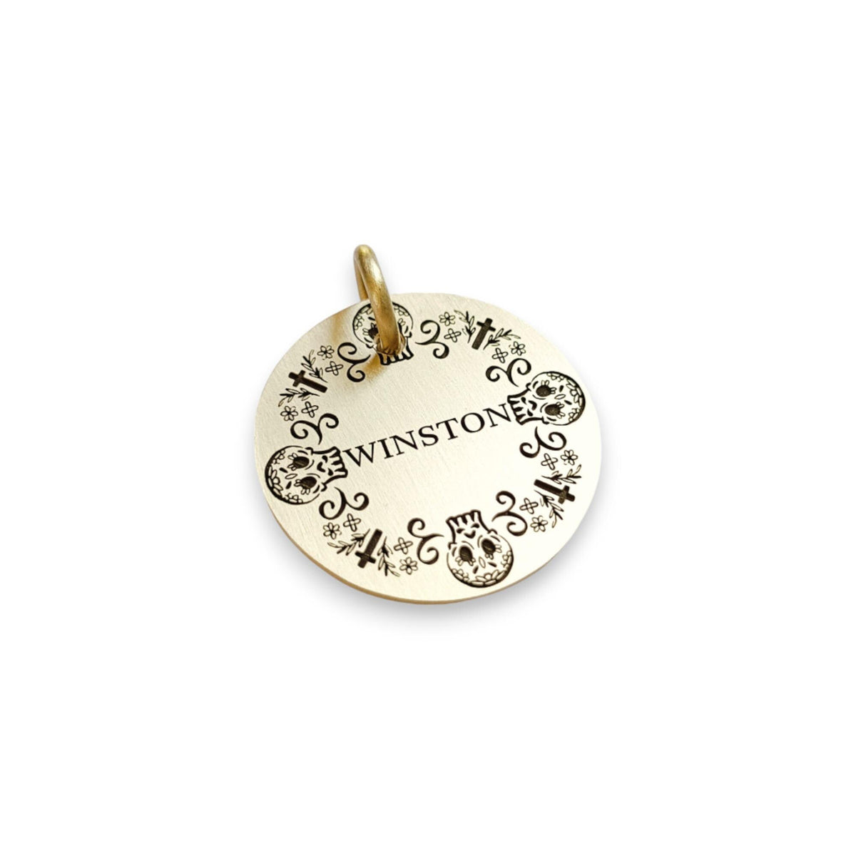 The Calavera Spirit Token | Artisan Sugar Skull Pet ID & Custom Engraved Dog Tag, styled view