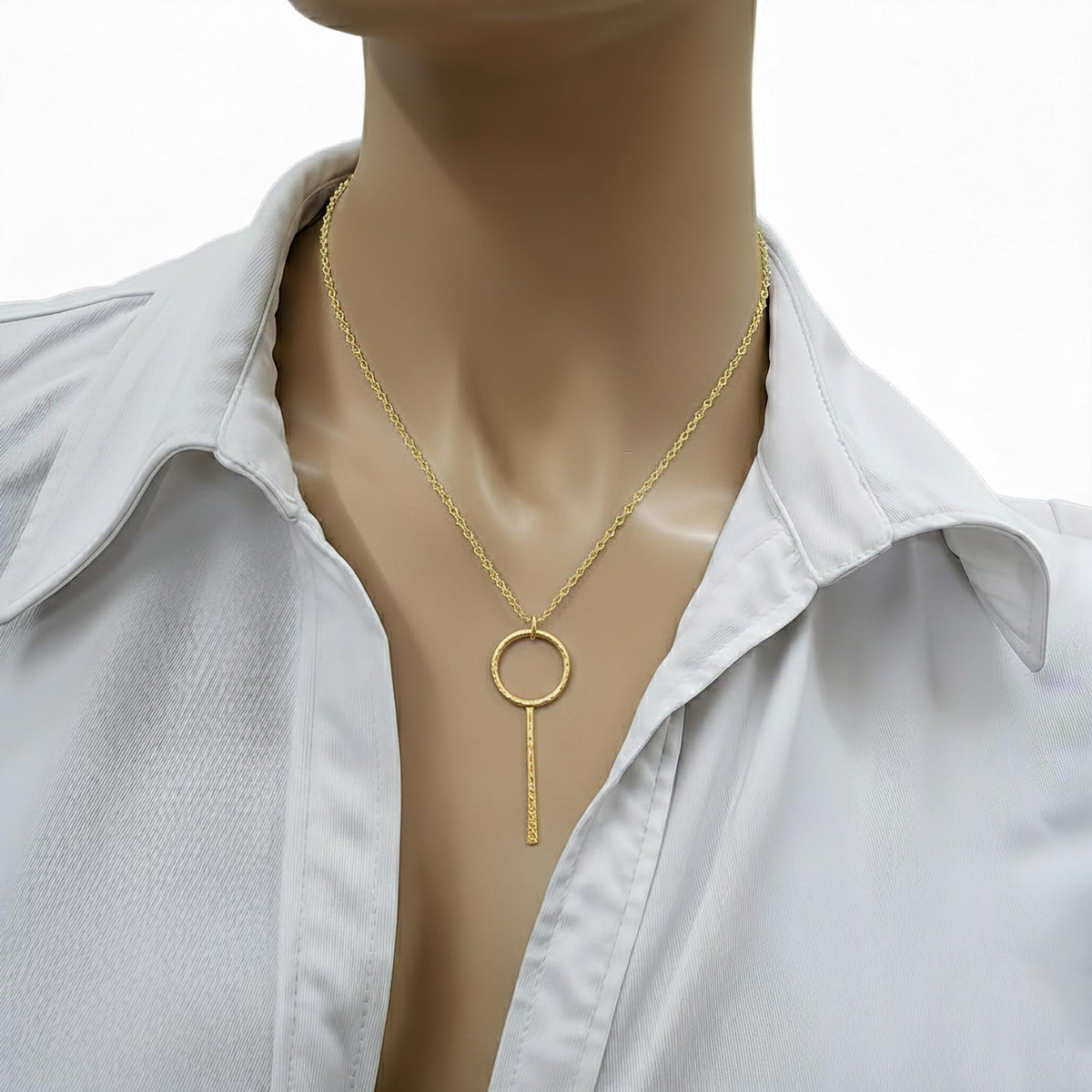 Hammered Circle and Bar Lariat Necklace | Sterling Silver Y-Necklace | Geometric Boho Luxe Jewelry, close-up detail