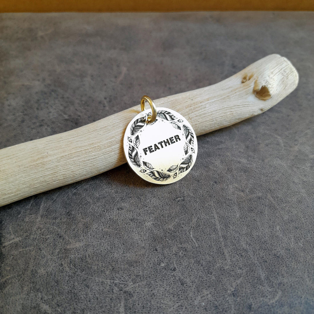 The Bohemian Feather Token | Artisan Spirit Pet ID & Custom Engraved Dog Tag, close-up detail