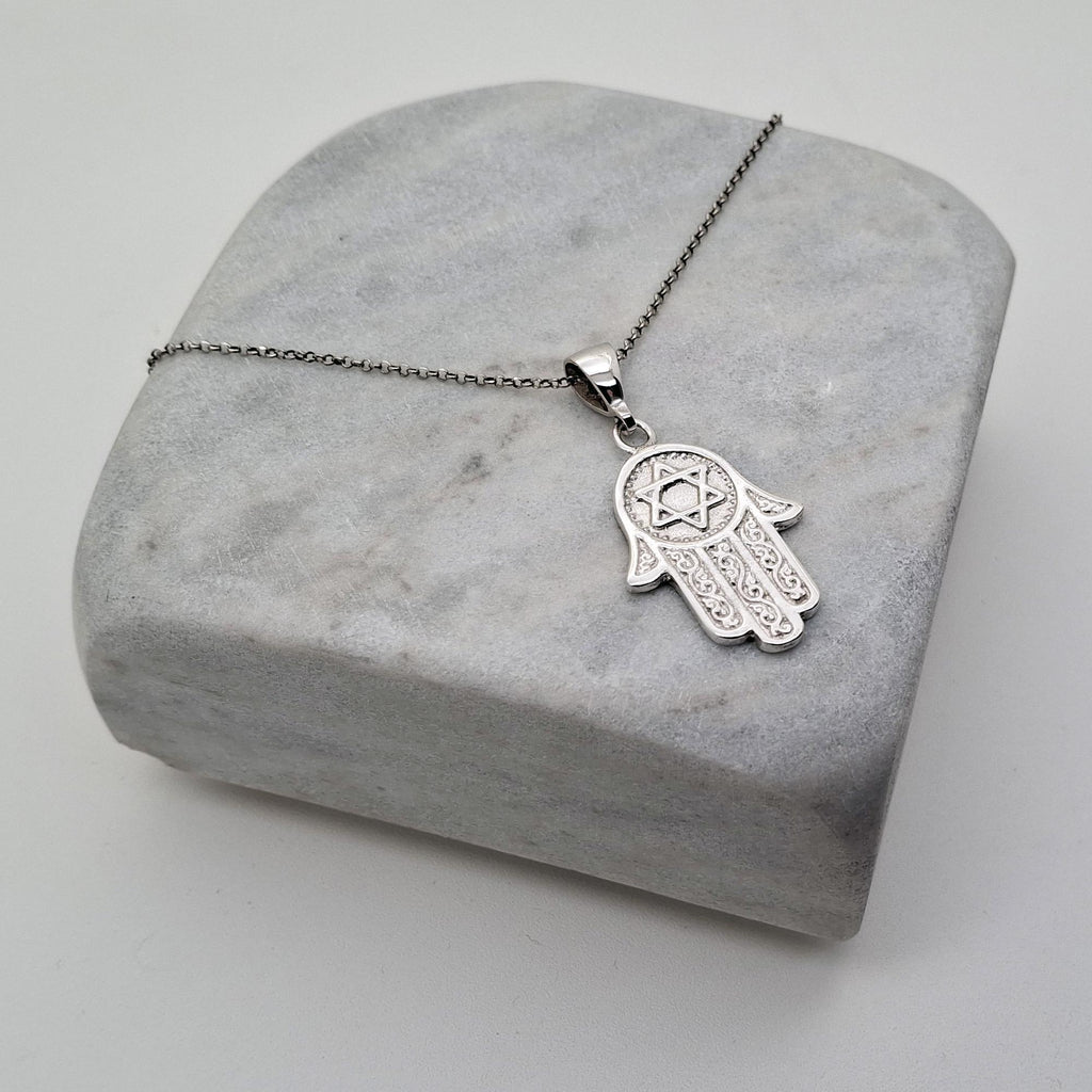 Hamsa Hand Star of David Necklace | Sterling Silver Jewish Protection Talisman | Sacred Magen David Pendant, additional detail