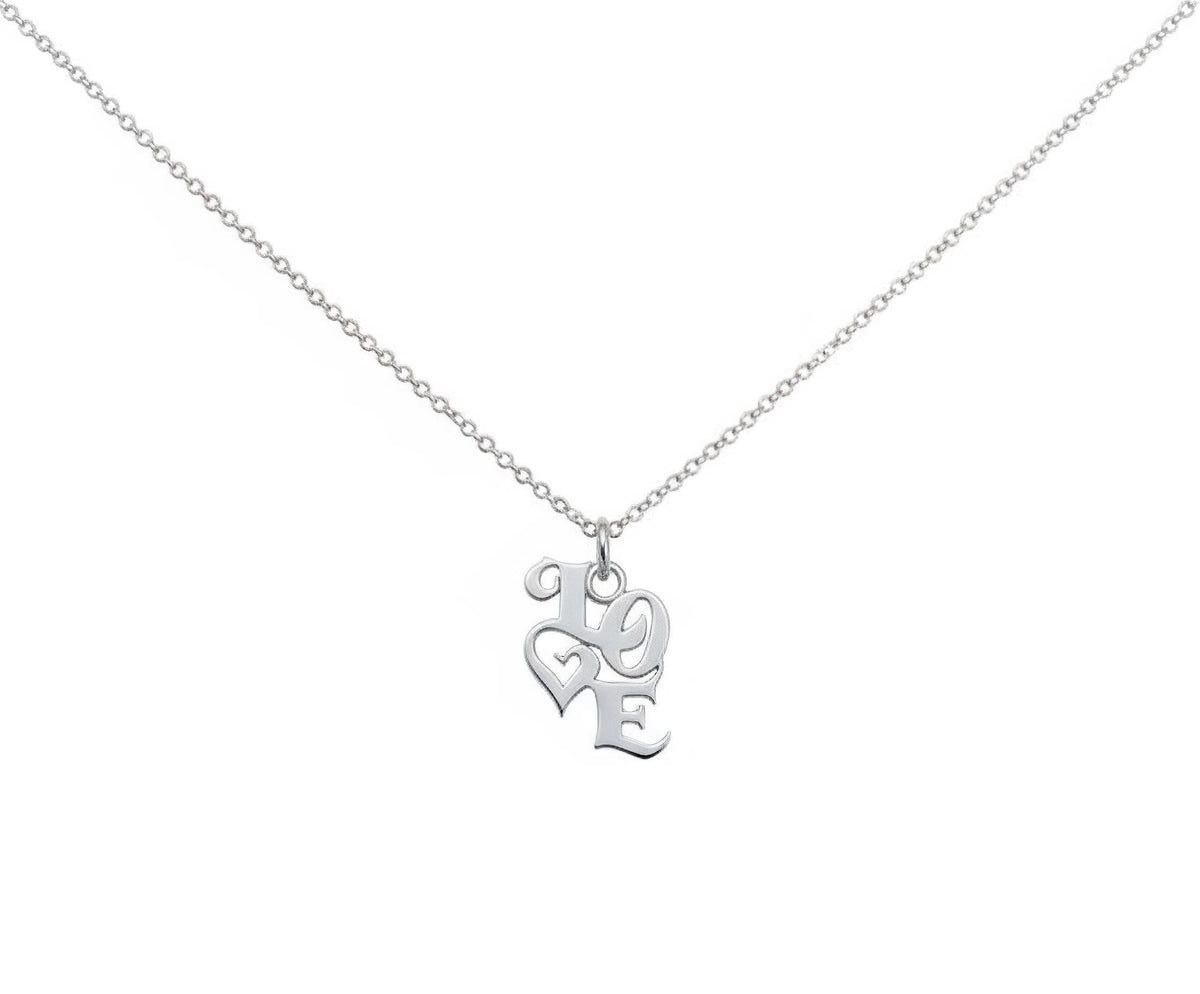 LOVE Script Necklace | Romantic Sentiment Talisman, in White Gold Plated finish