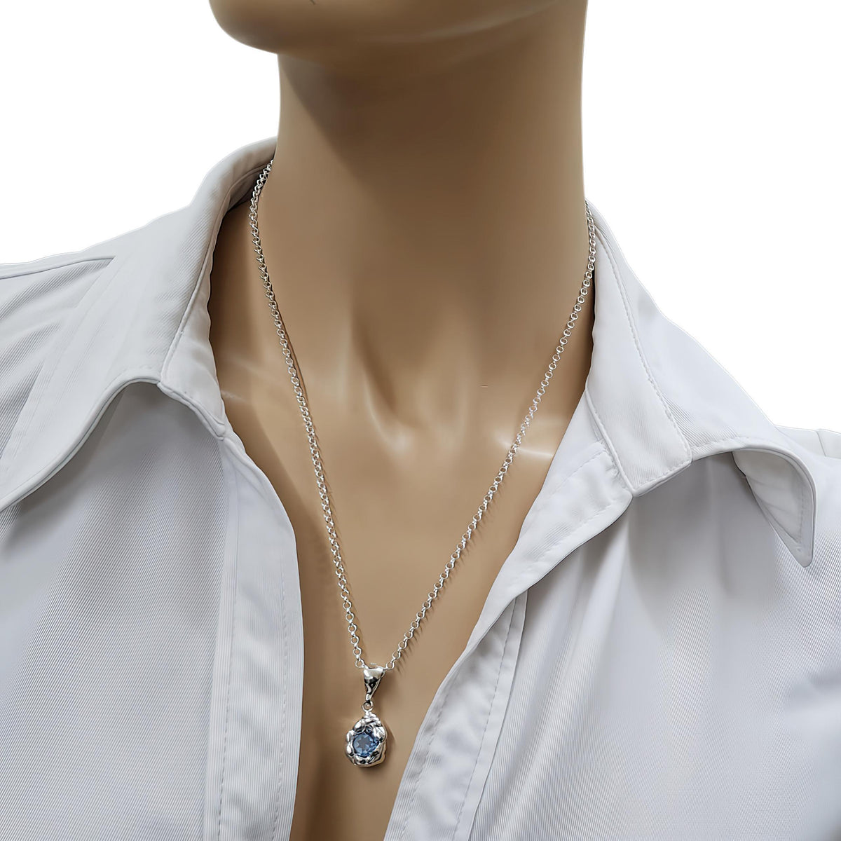 Light Blue Droplet Pendant | Free-Form Wax Cast Water Talisman, close-up detail