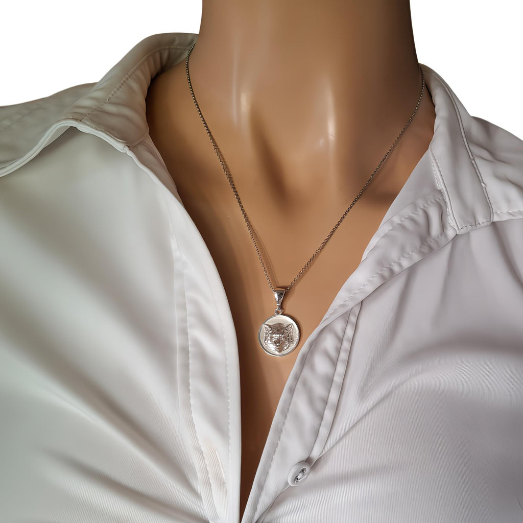 Howling Wolf Necklace - Sterling Silver Wild Spirit Medallion, styled view
