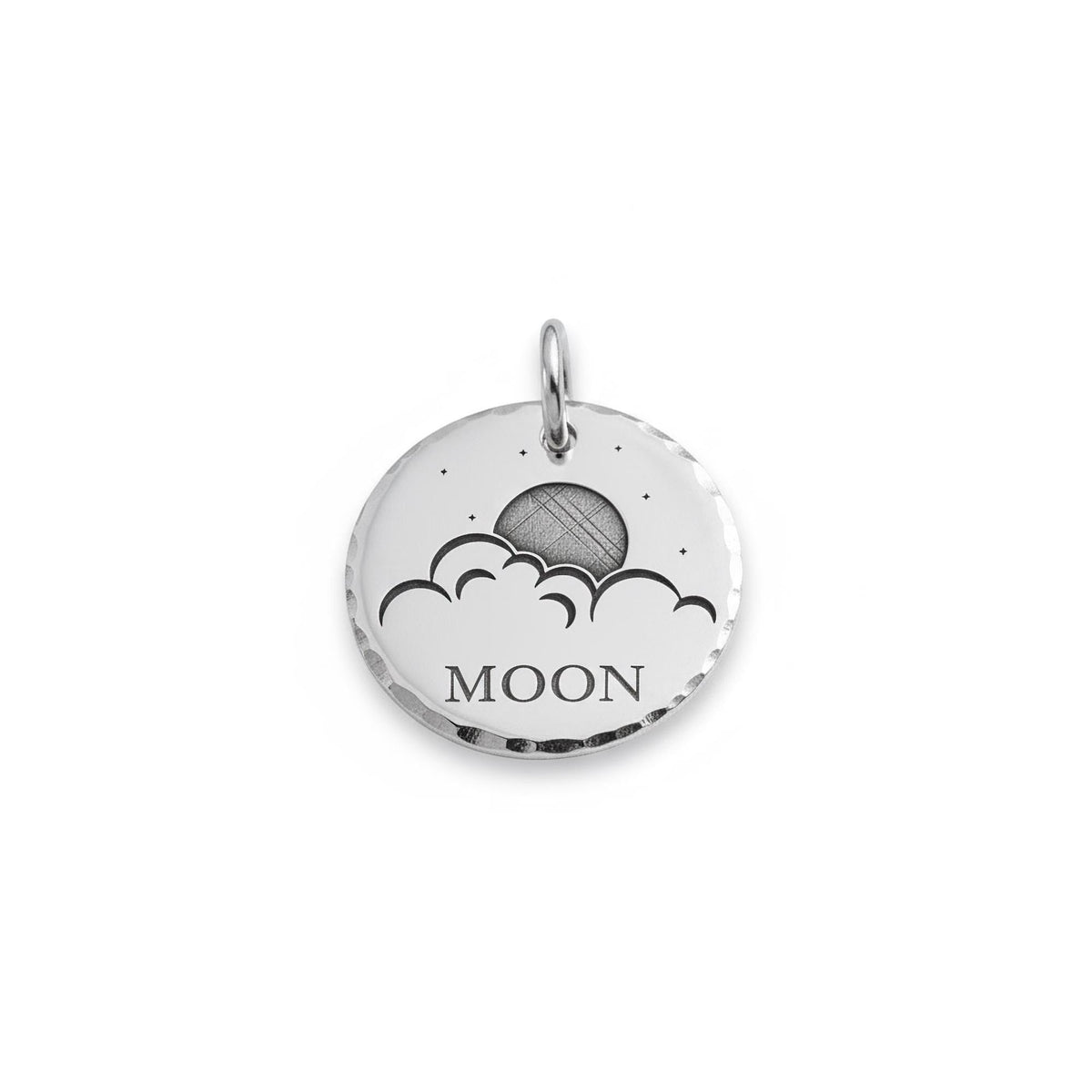 Celestial Dog Tag | Custom Sterling Silver Moon & Clouds Pet ID Tag | Night Sky Pet Charm, close-up detail