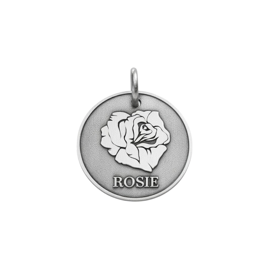 Rose Dog Tag | Personalized Sterling Silver Floral Pet ID Tag | Engraved Flower Dog Charm, front view