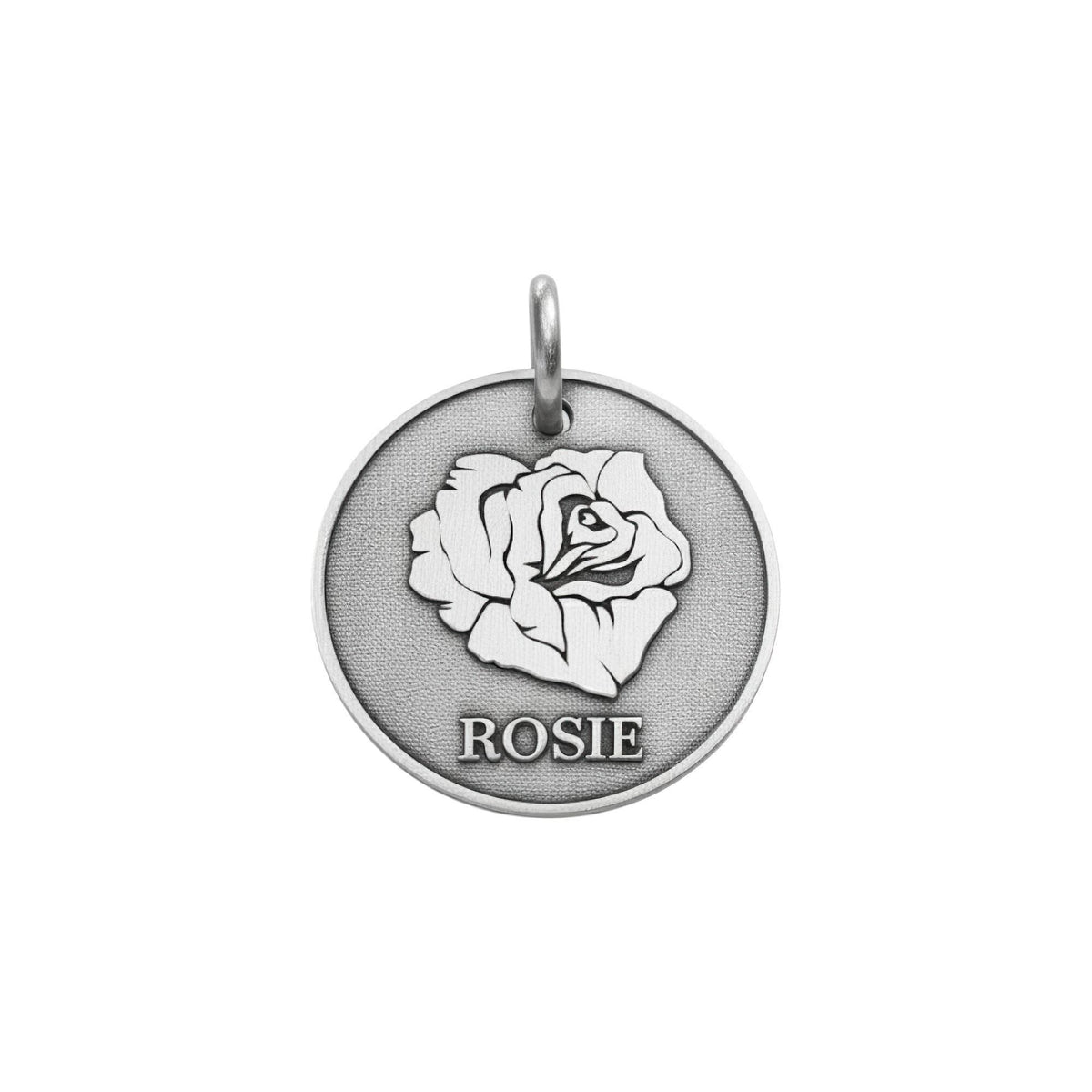 Rose Dog Tag | Personalized Sterling Silver Floral Pet ID Tag | Engraved Flower Dog Charm, front view