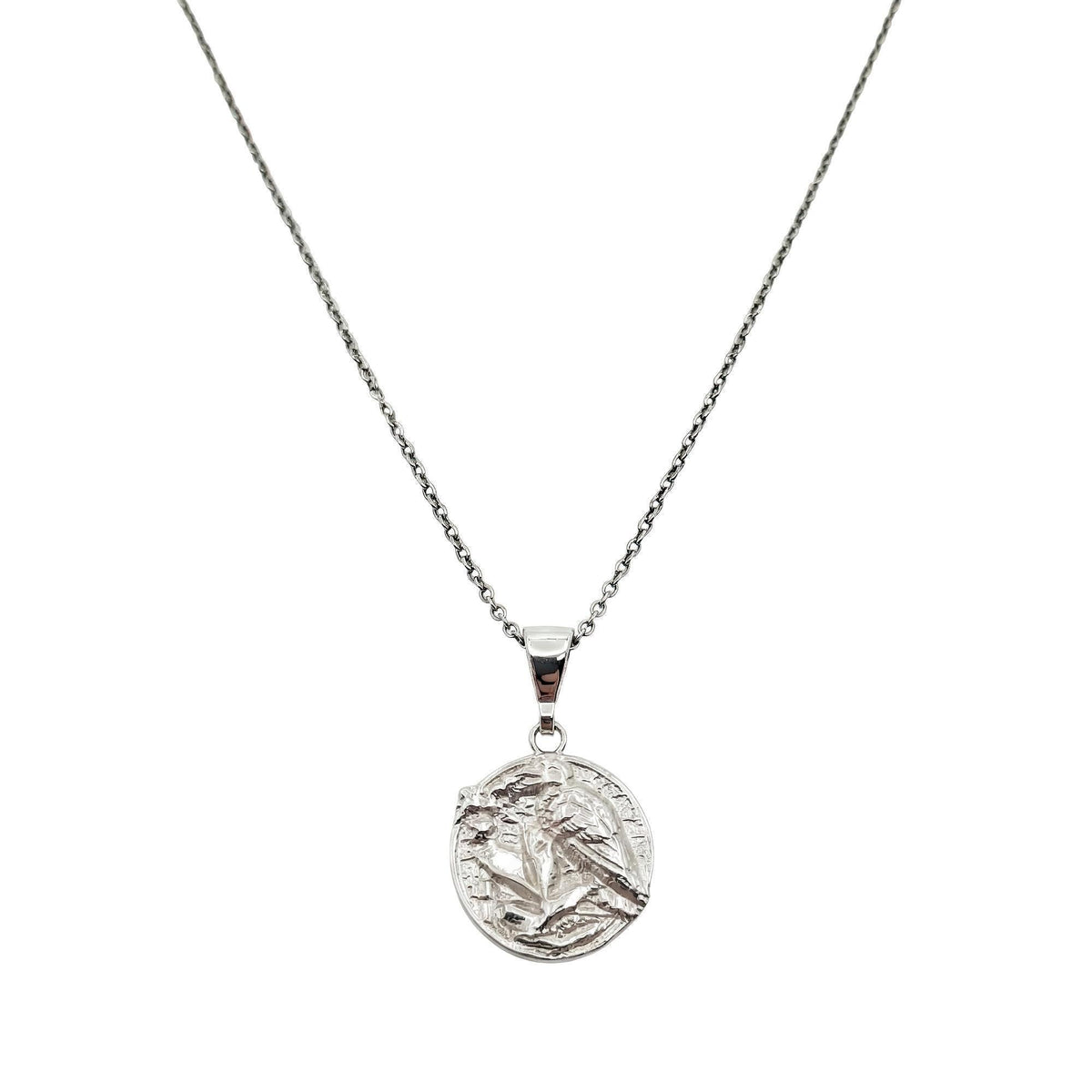 Raven Medallion Necklace | Mystical Wisdom Talisman, in White Gold Plated finish