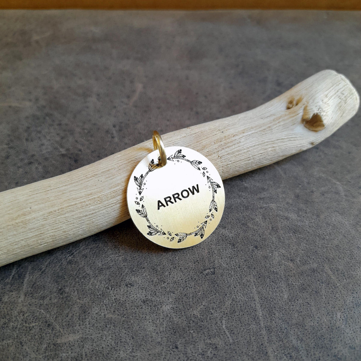 The Arrowhead Token | Artisan Feathered Arrow Pet ID & Custom Engraved Dog Tag, close-up detail