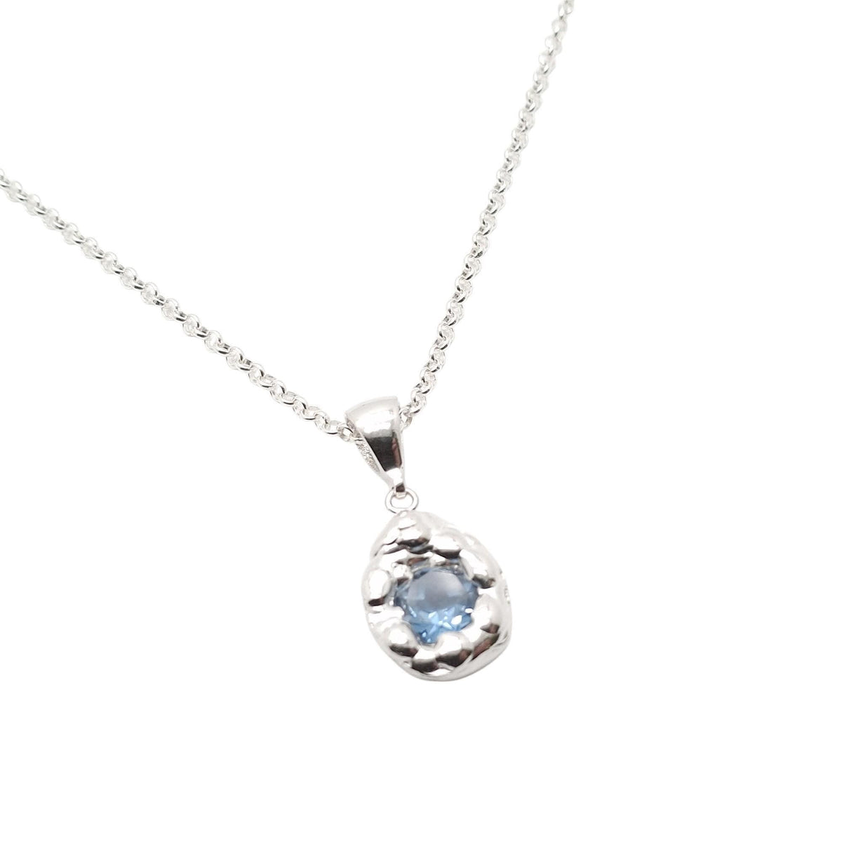Free-Form Droplet Necklace | Light Blue CZ Talisman, in White Gold Plated finish