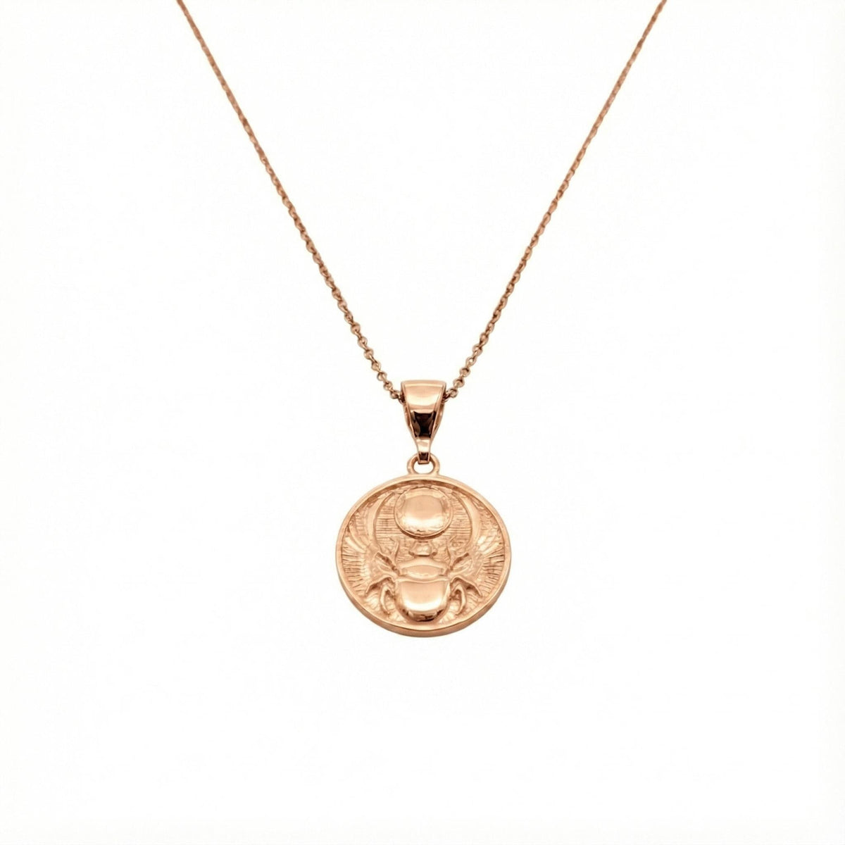 Scarab Medallion necklace flat lay, oxidized sterling silver