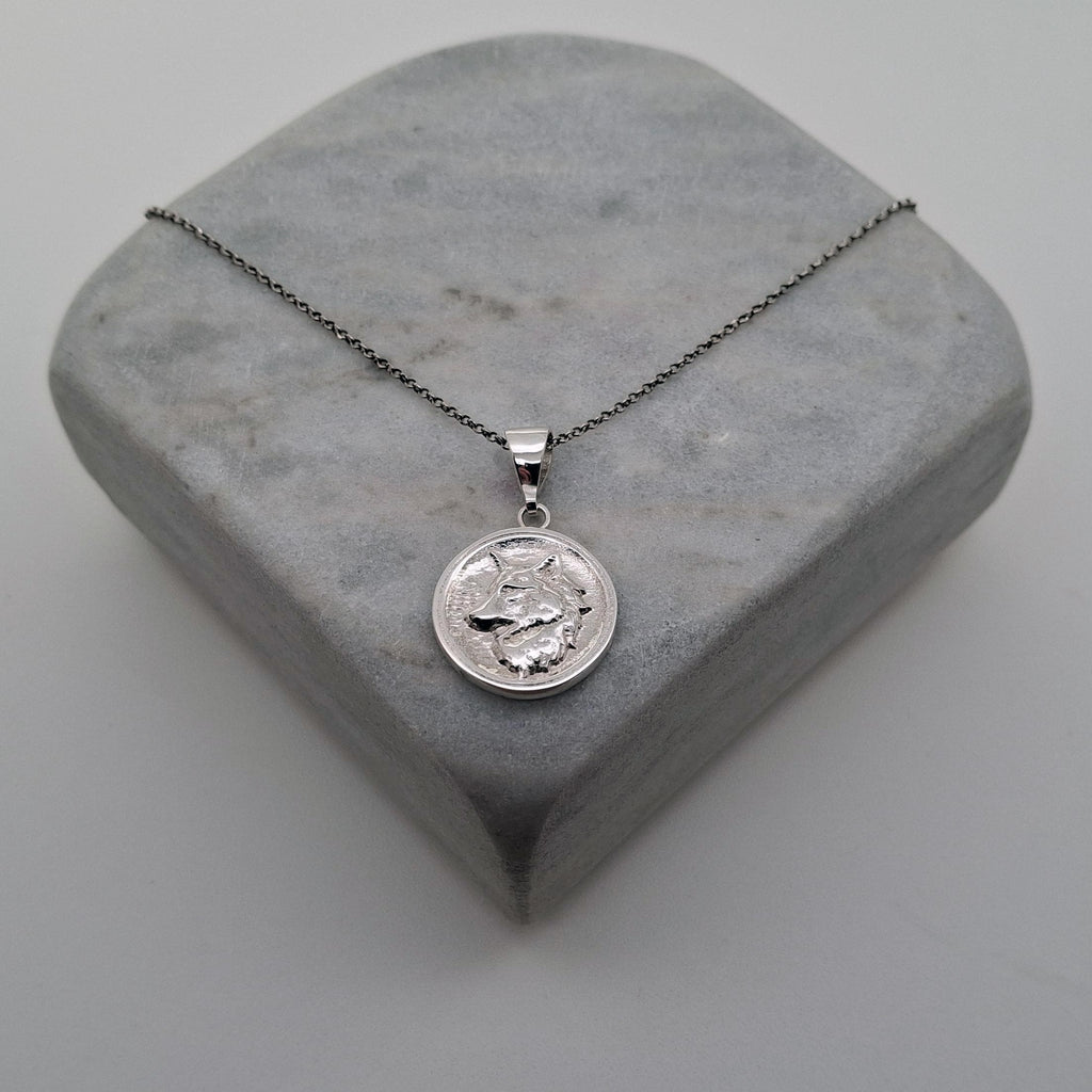 Nordic Wolf Charm Necklace | Sterling Silver Spirit Animal Medallion | Custom Engraved Wolf Pendant, front view