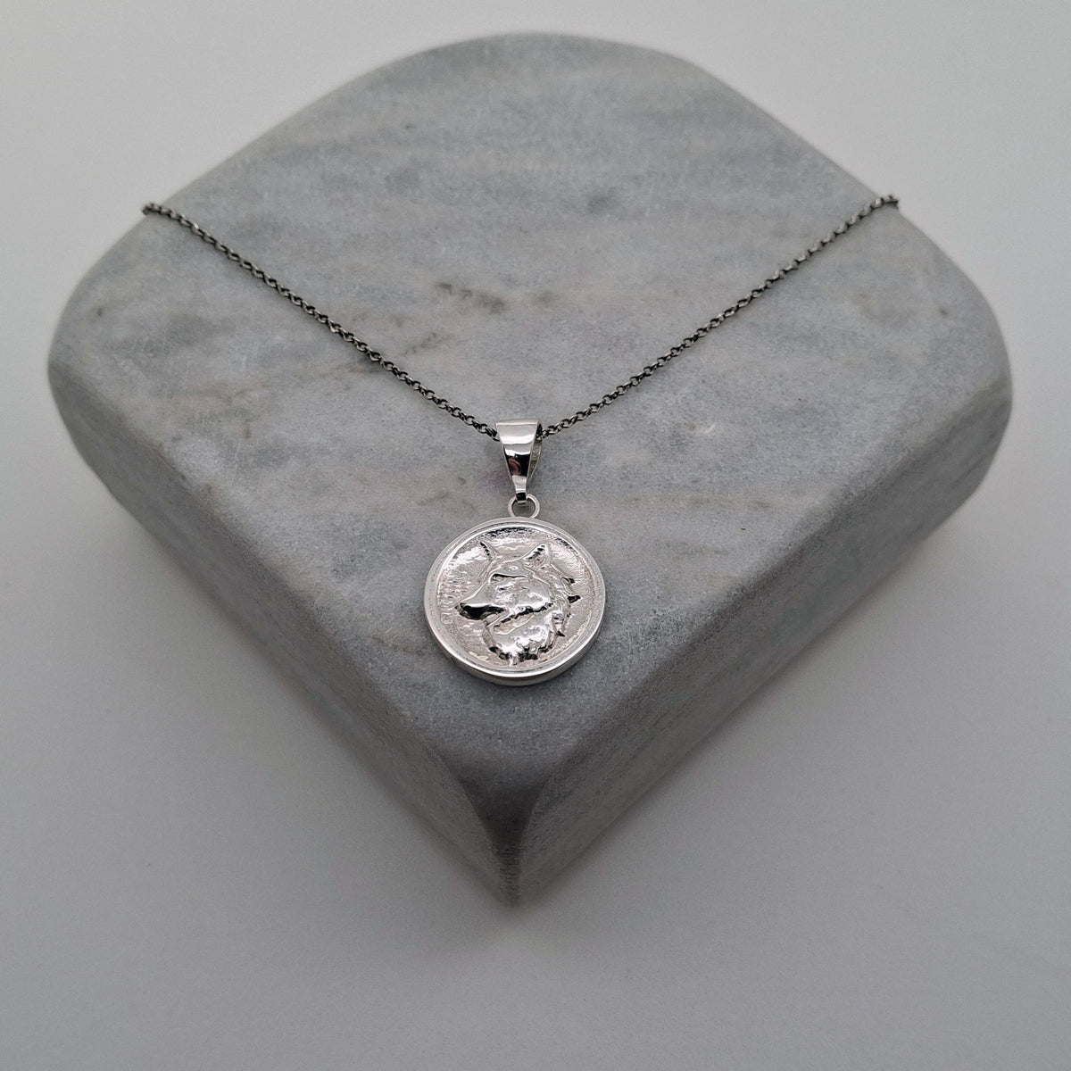 Nordic Wolf Charm Necklace | Sterling Silver Spirit Animal Medallion | Custom Engraved Wolf Pendant, front view