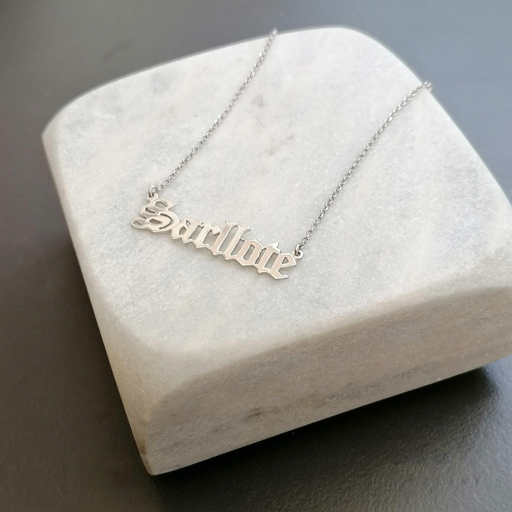 Old English Name Necklace | Custom Gothic Identity Talisman, alternate angle