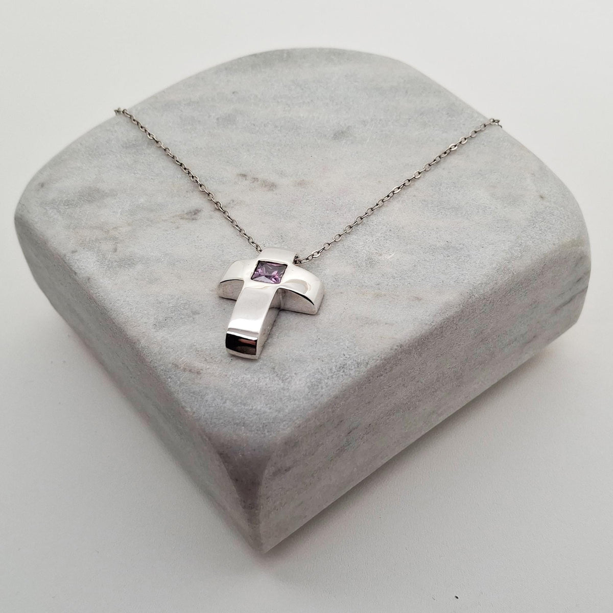 Amethyst Cross Necklace | Sterling Silver Modern Cross Pendant | February Birthstone Talisman, front view