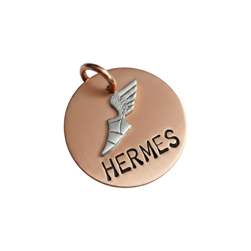 The Divine Messenger Token | Artisan Hermes Winged Sandal Pet ID & Custom Tag, close-up detail