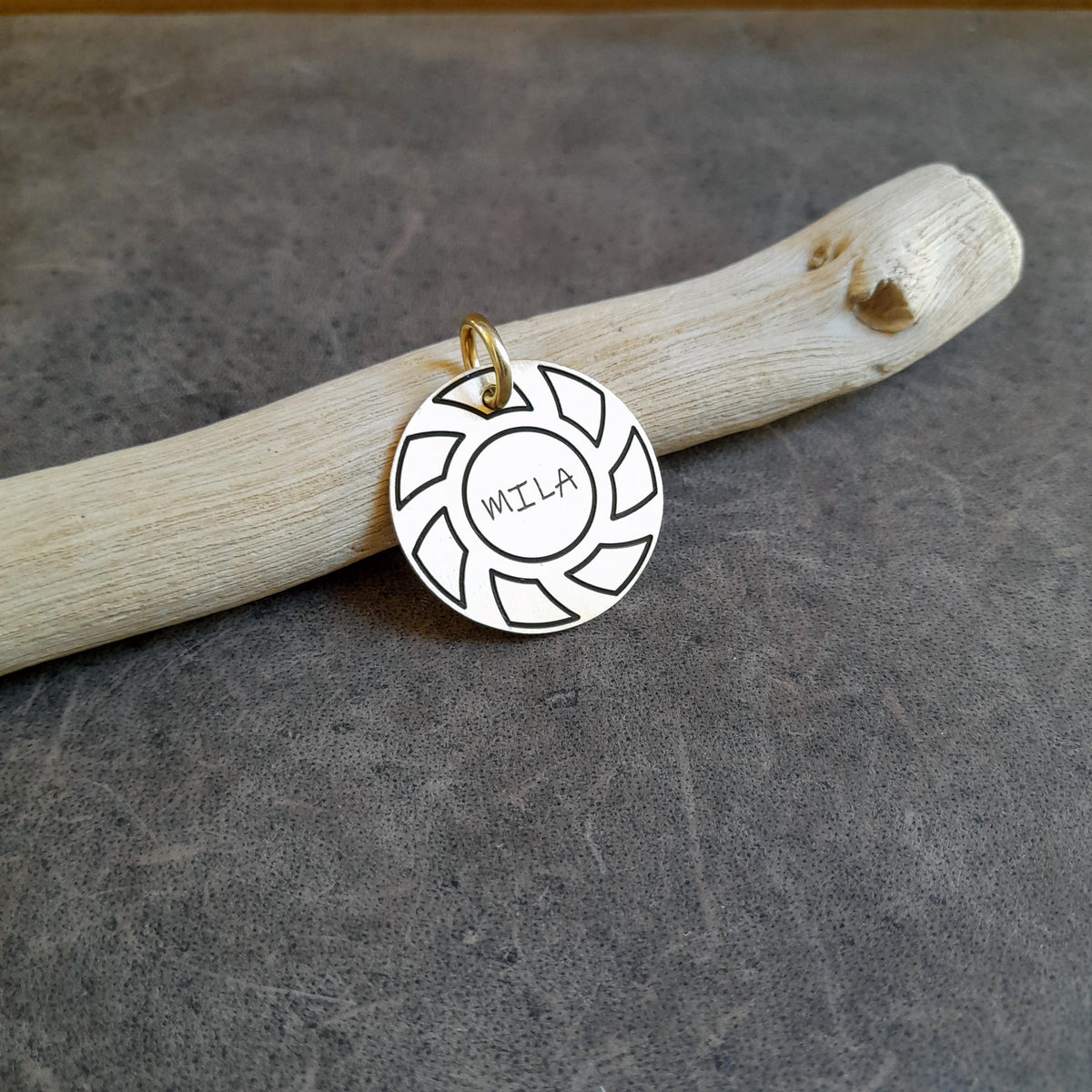 The Momentum Token | Artisan Gear Pet ID & Custom Engraved Dog Tag, close-up detail