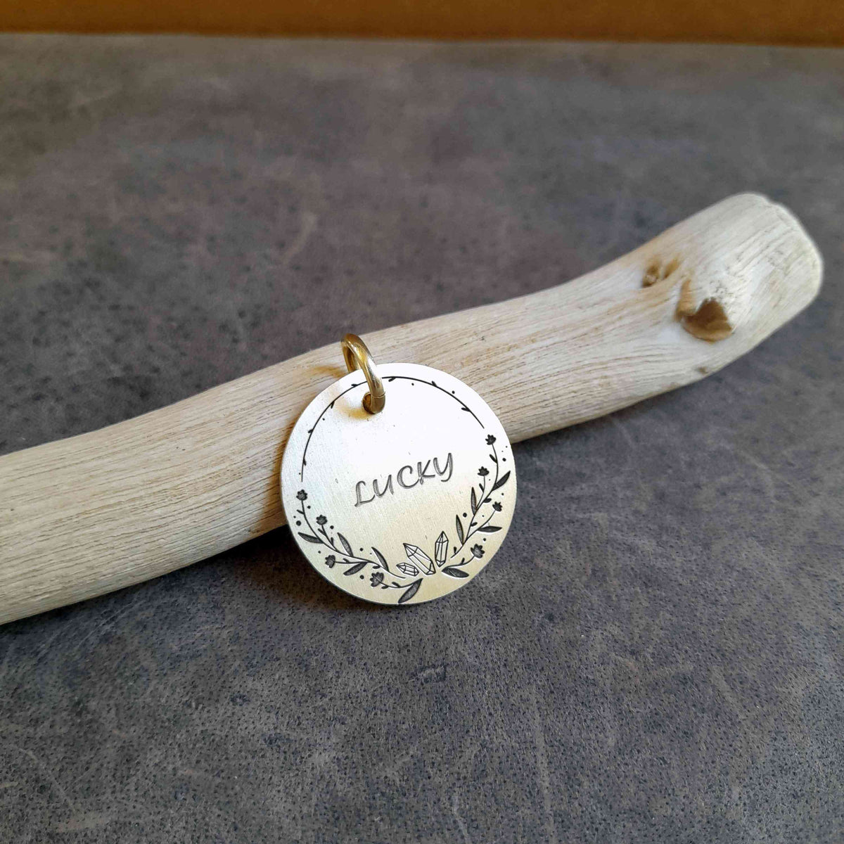 The Jewel Bloom Token | Artisan Floral Diamond Pet ID & Custom Engraved Dog Tag, close-up detail