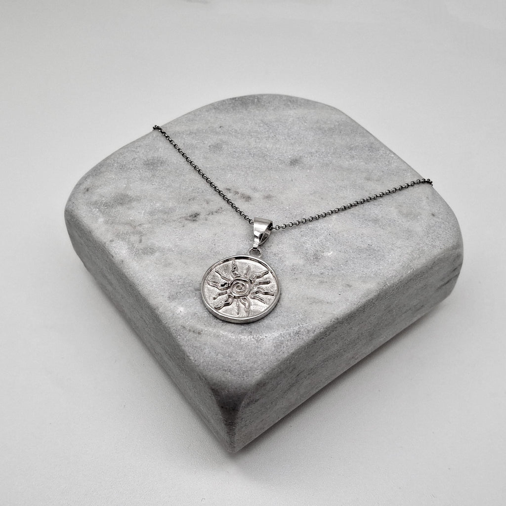 Sterling Silver Sun Necklace - Tribal Spiral Medallion Charm, alternate angle
