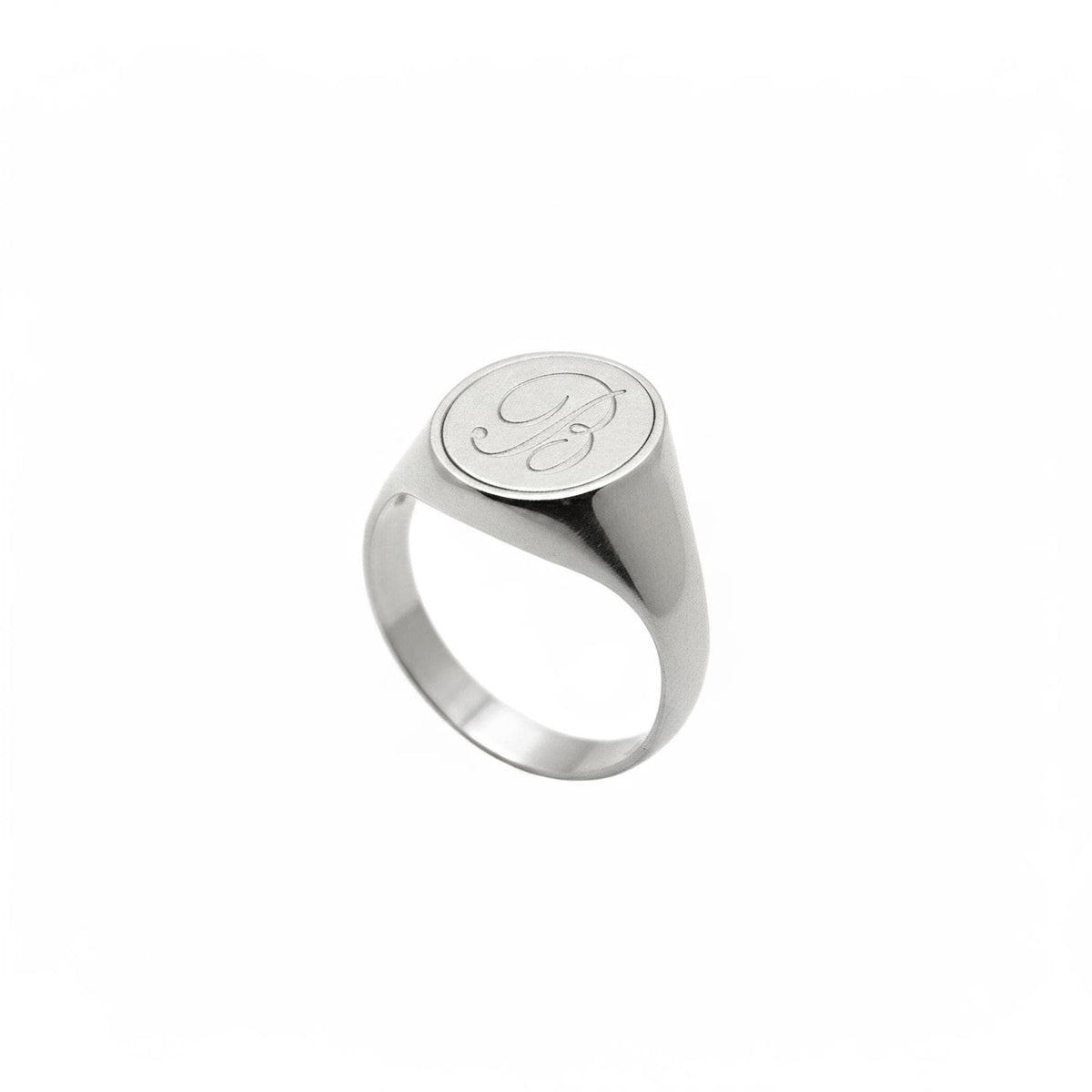 Sterling Silver Signet Ring | Custom Initial Engraved Oval Chevalier, in White Gold Plated finish