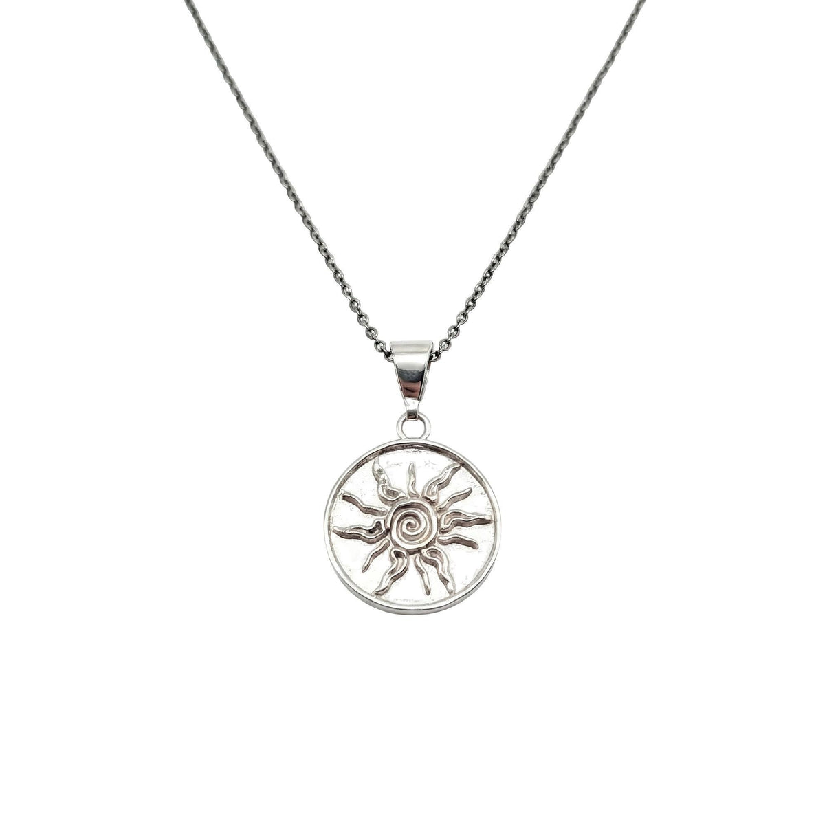 Sterling Silver Sun Necklace - Tribal Spiral Medallion Charm, in White Gold Plated finish