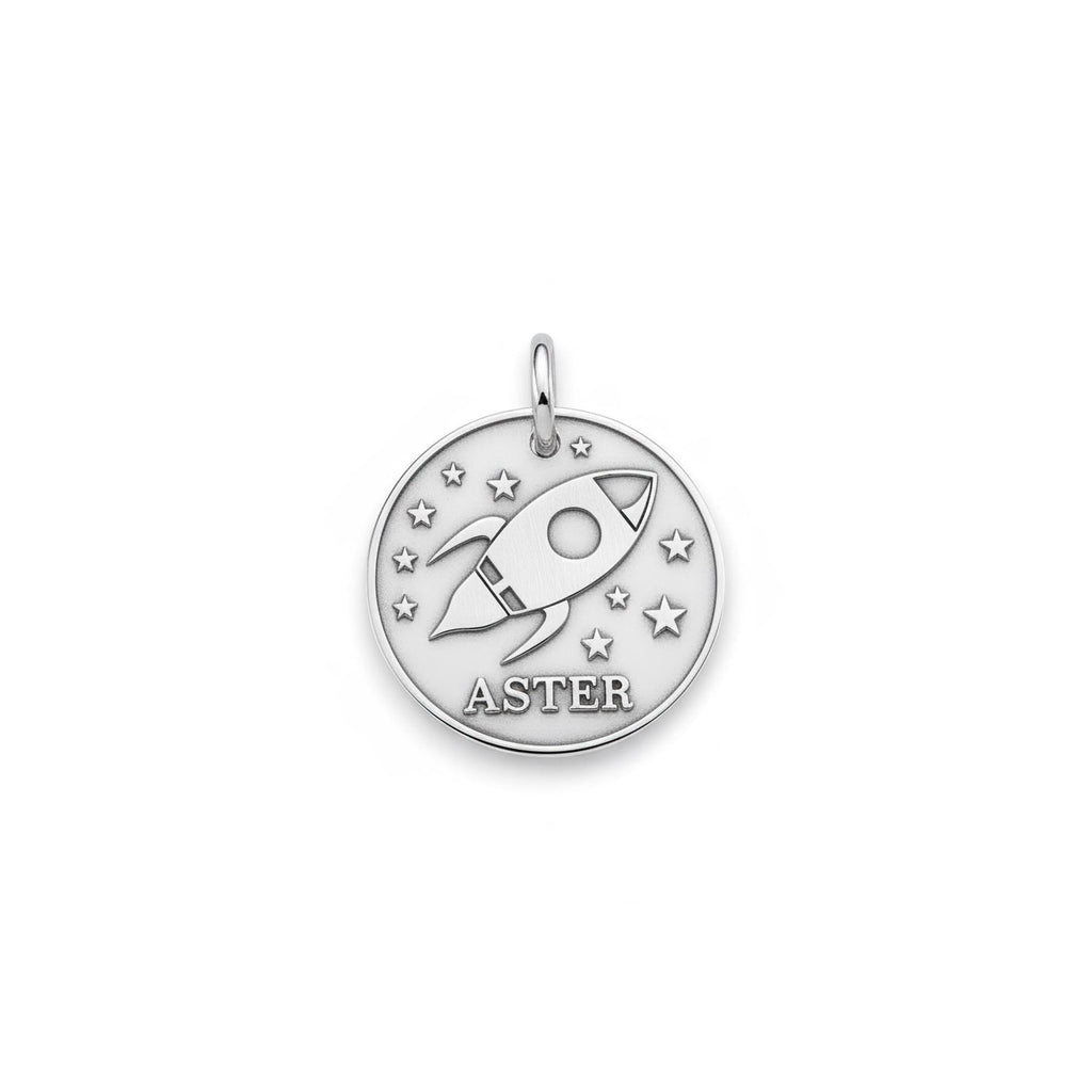 Rocket Dog Tag | Sterling Silver Custom Space Spaceship Pet ID Tag | Engraved Dog Tag, front view