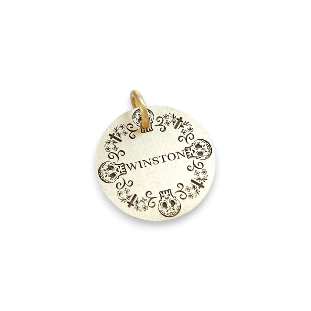 The Calavera Spirit Token | Artisan Sugar Skull Pet ID & Custom Engraved Dog Tag, front view