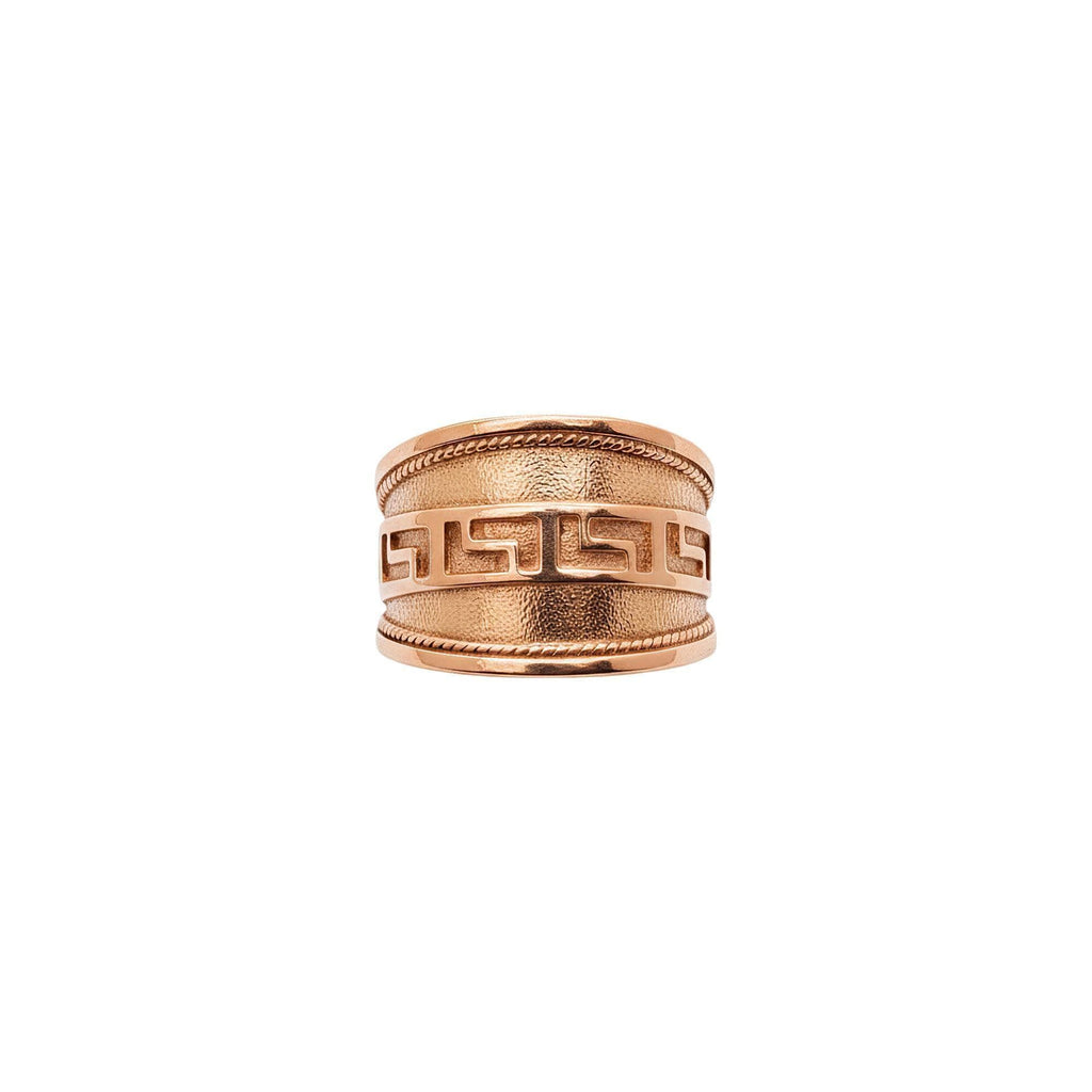 Greek Key Ring | Bold Wide Sterling Silver Greca Band | Unisex Meander Talisman, close-up detail