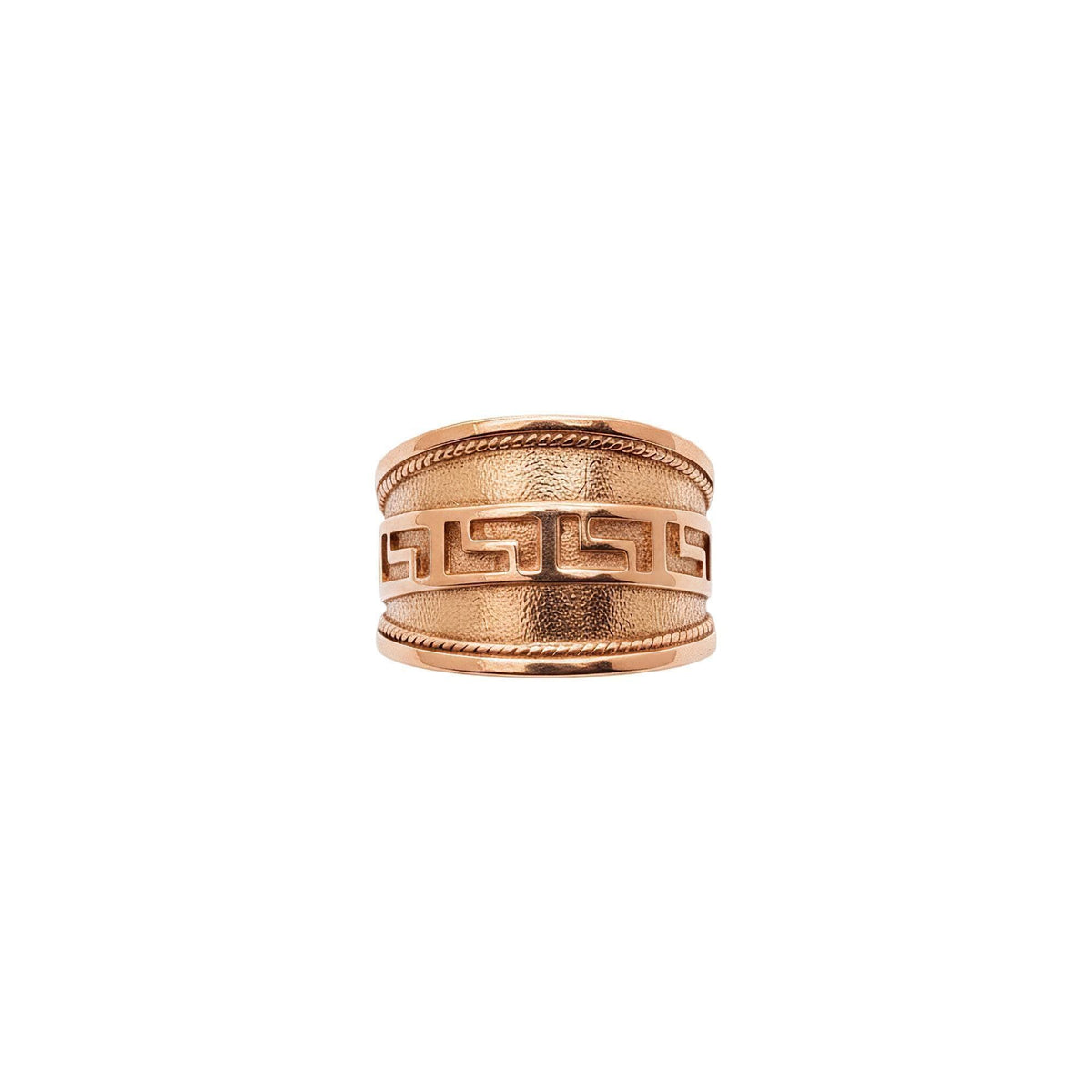 Greek Key Ring | Bold Wide Sterling Silver Greca Band | Unisex Meander Talisman, close-up detail