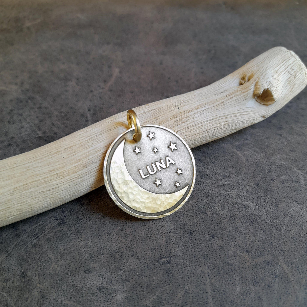 The Inscribed Lunar Token | Artisan Celestial Pet ID & Custom Engraved Moon Dog Tag, close-up detail