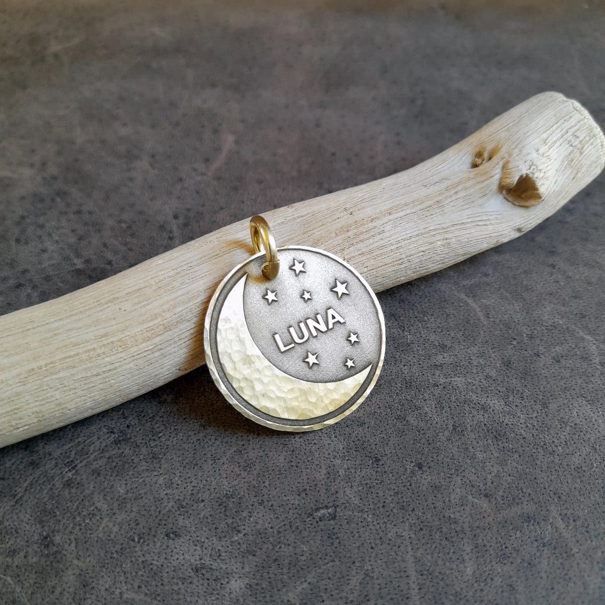The Inscribed Lunar Token | Artisan Celestial Pet ID & Custom Engraved Moon Dog Tag, close-up detail