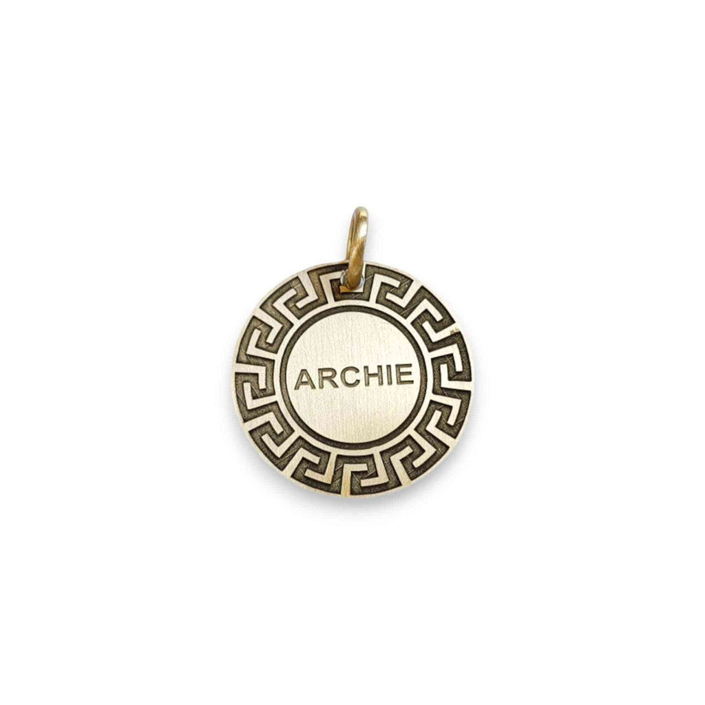 The Meander Token | Artisan Greek Key Pet ID & Custom Engraved Dog Tag, styled view
