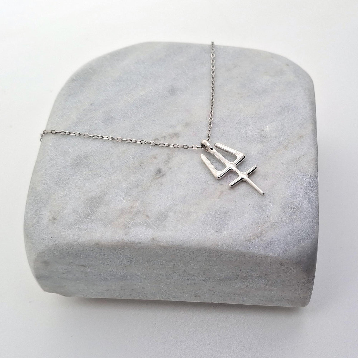Neptune Trident Necklace | Sterling Silver Poseidon Glyph Pendant | Pisces Astrology Talisman, front view