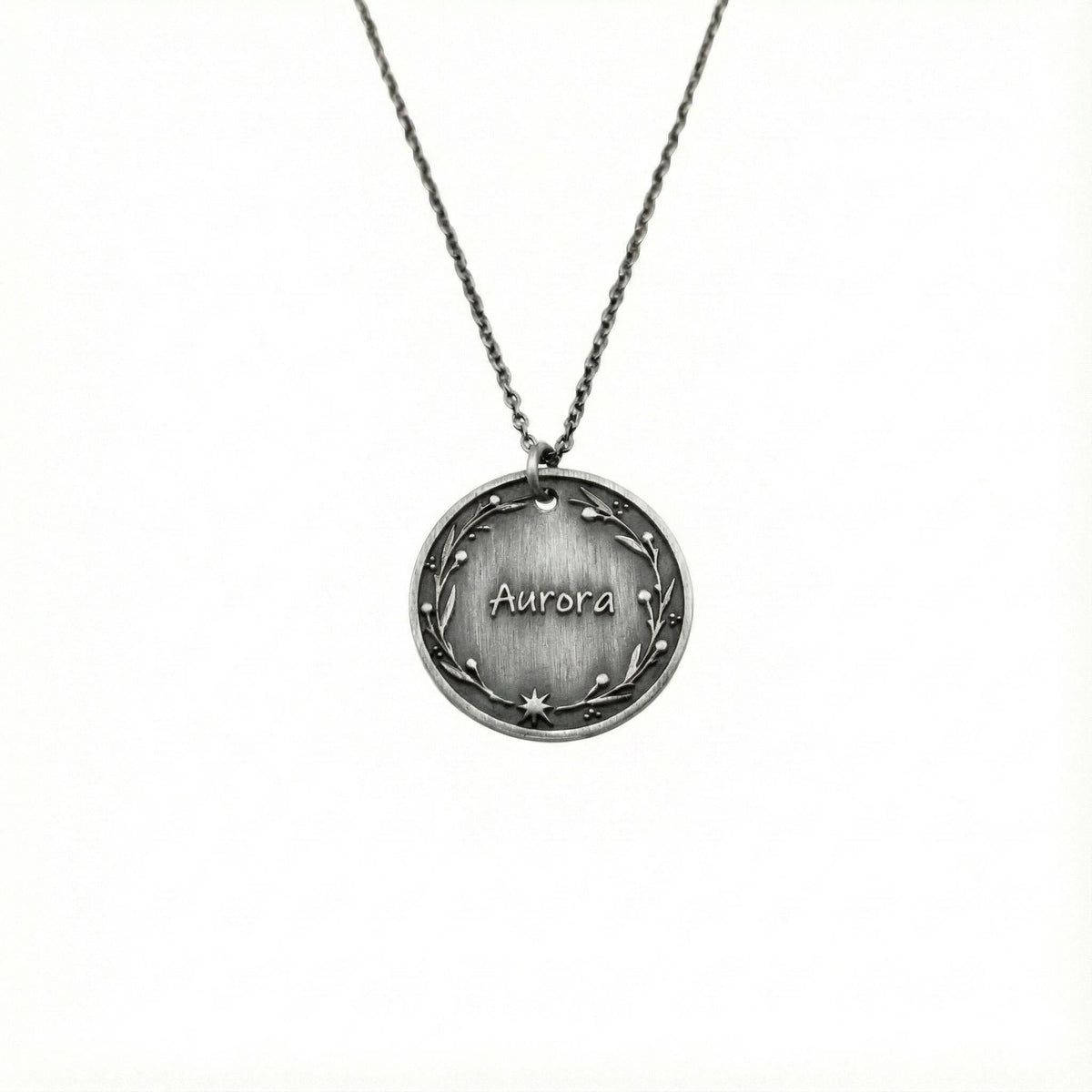 Custom Name Necklace | Star Wreath Talisman, in Oxidized Silver finish
