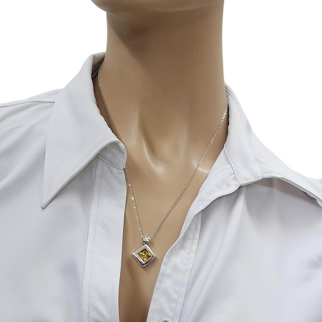 Rhombus Pendant Necklace | Yellow CZ Geometric Talisman, close-up detail