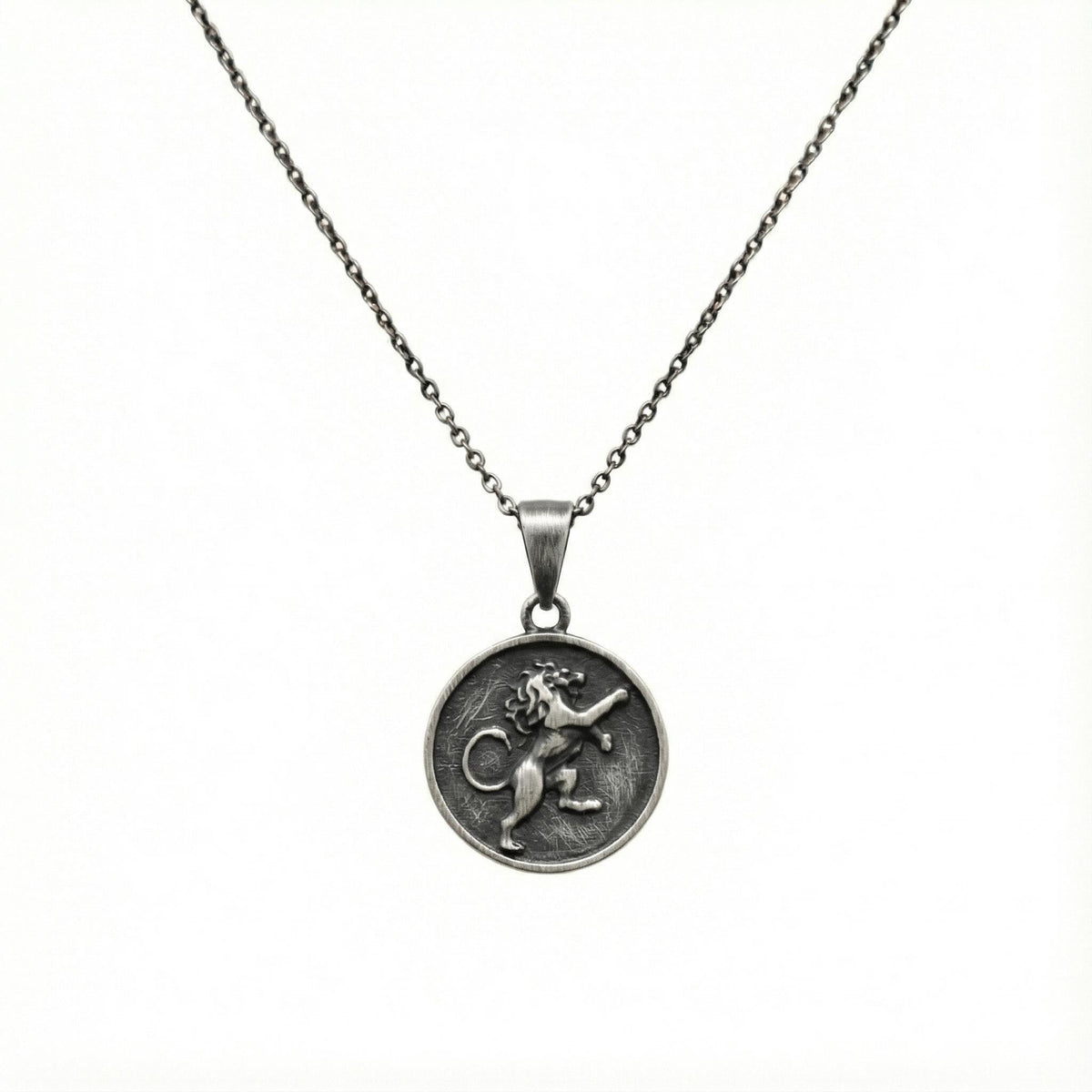 Lion Medallion Necklace | Rampant Emblem Talisman, in Oxidized Silver 925 finish