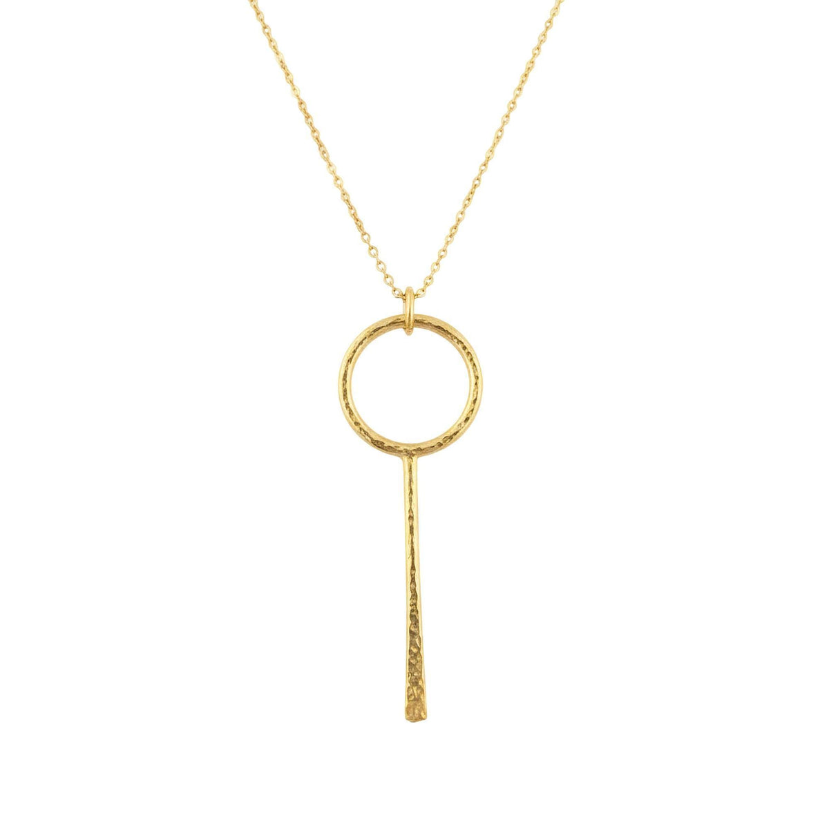 Hammered Circle and Bar Lariat Necklace | Sterling Silver Y-Necklace | Geometric Boho Luxe Jewelry, in Yellow Gold Plated finish